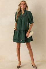 Feels Just Right Hunter Green Puff Sleeve Embroidered Eyelet Mini Dress