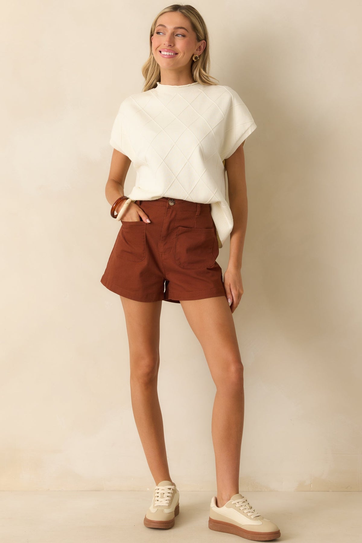 The Clear Choice Ivory Short Sleeve Argyle Stitch Sweater
