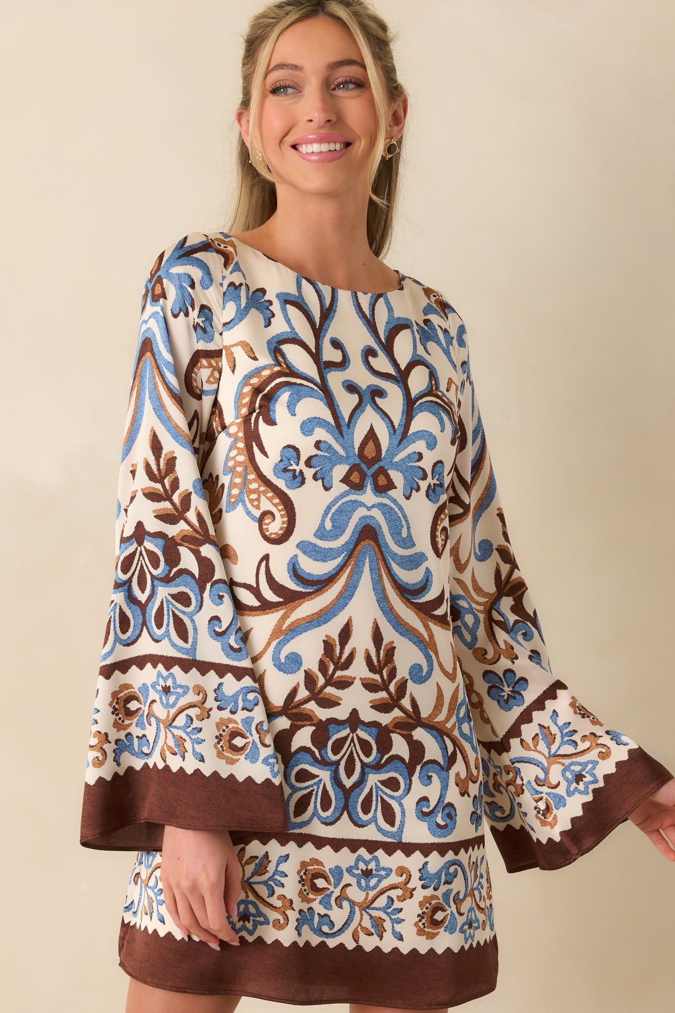 Don't Second Guess It Ivory Multi Print Satin Long Sleeve Mini Dress