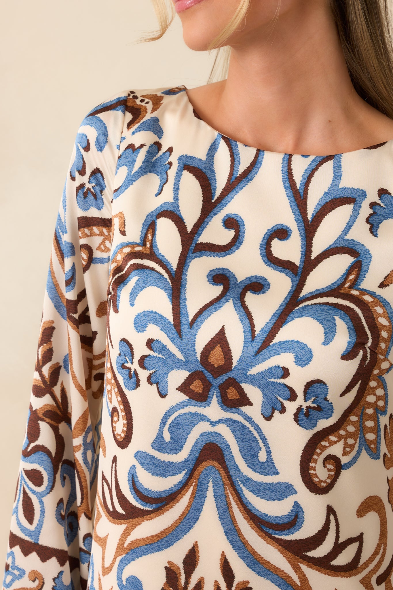 Don't Second Guess It Ivory Multi Print Satin Long Sleeve Mini Dress