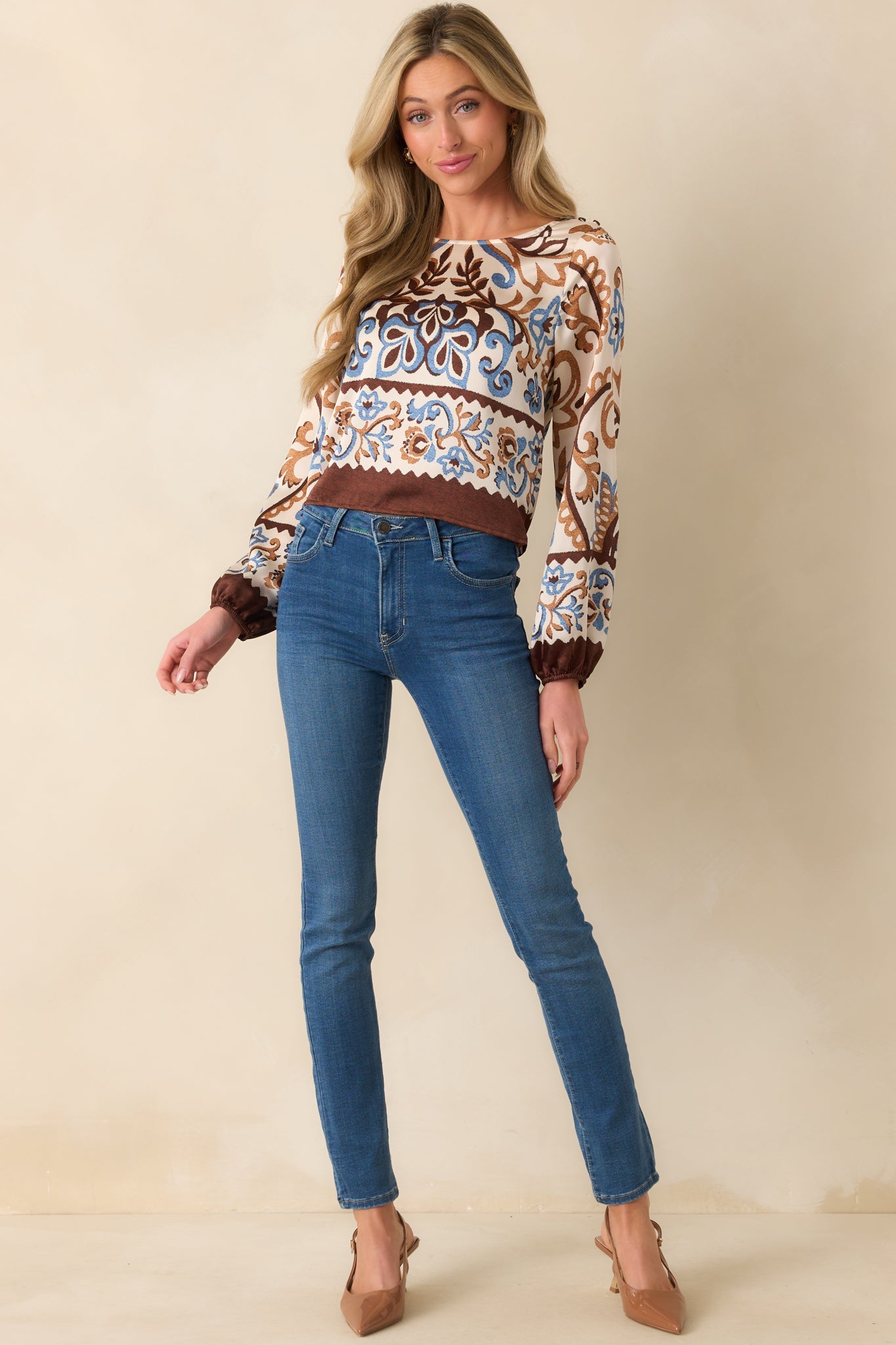 It'll All Make Sense Ivory Multi Print Satin Long Sleeve Top