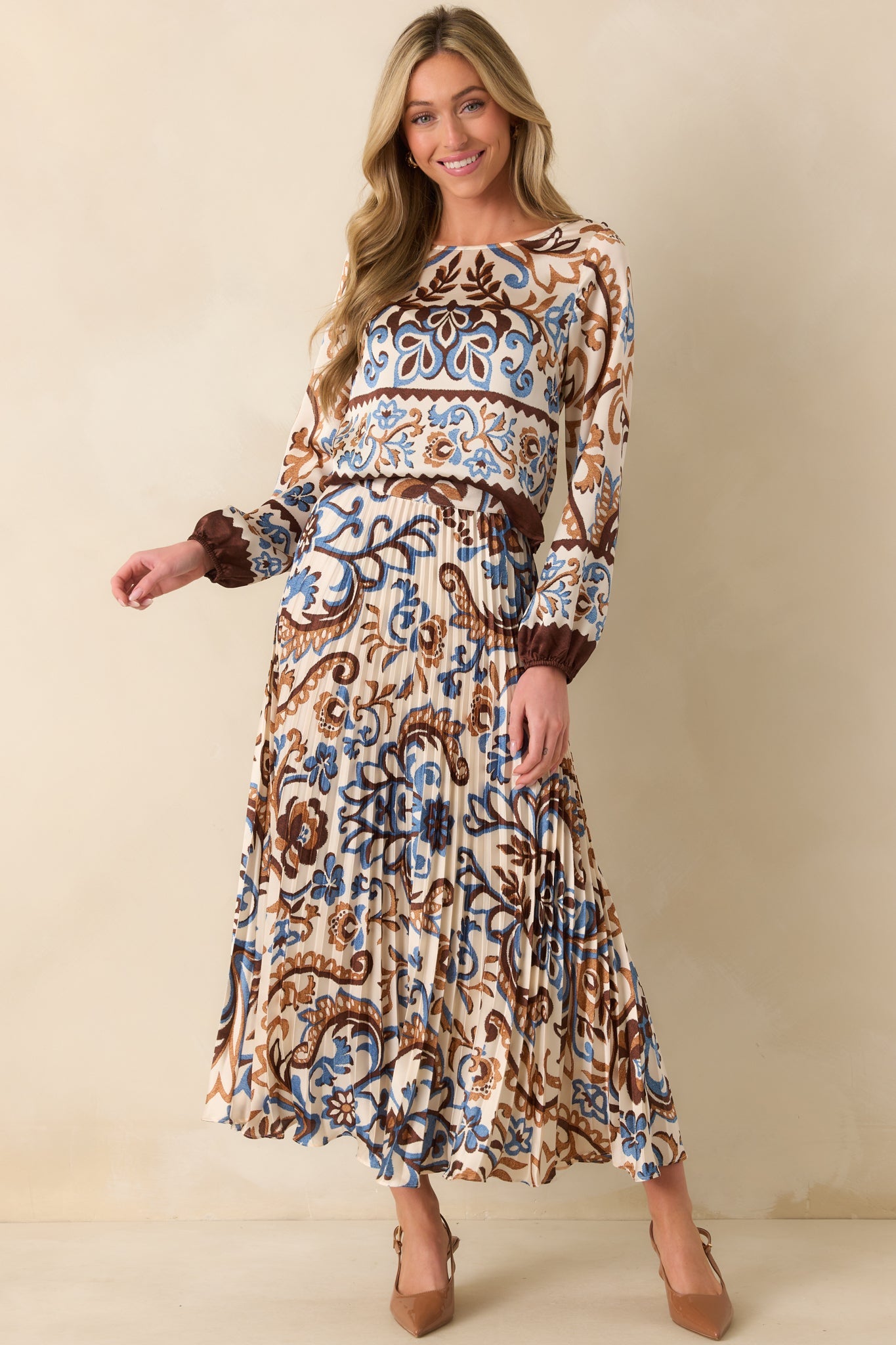 It'll All Make Sense Ivory Multi Print Satin Long Sleeve Top