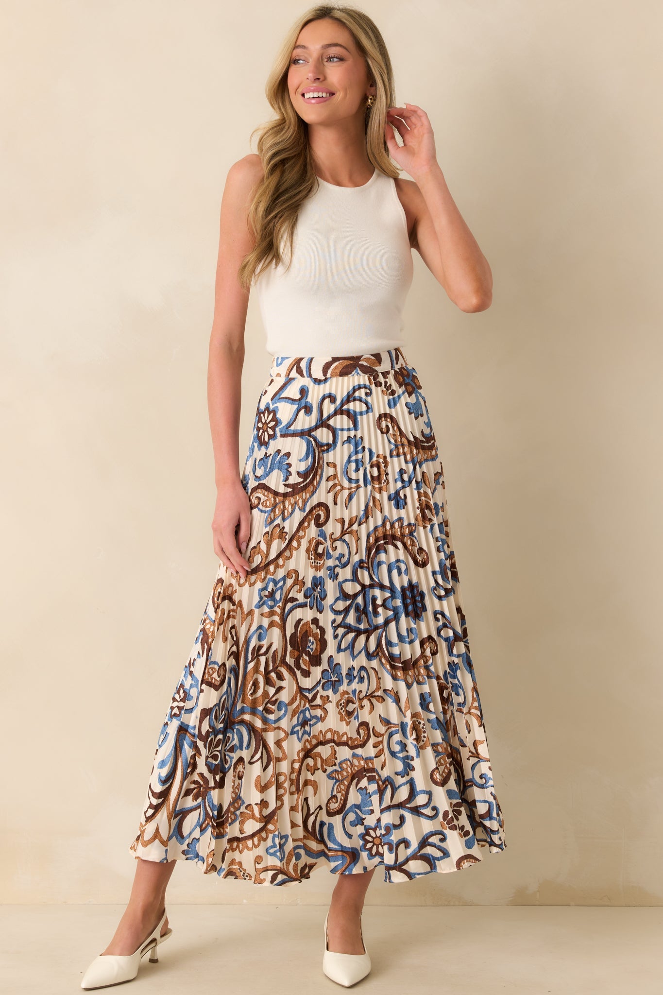 Some Things To Say Ivory Multi Print Satin Pleated Maxi Skirt