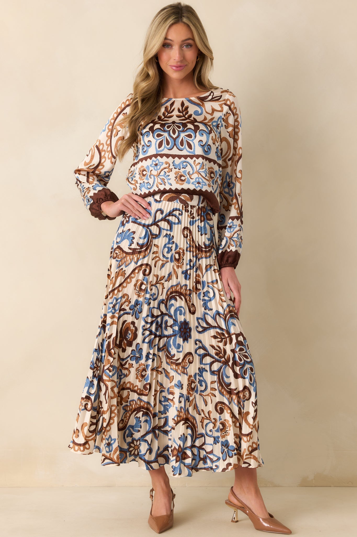 Some Things To Say Ivory Multi Print Satin Pleated Maxi Skirt