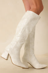 Always A Step Ahead Ivory Faux Snakeskin Knee High Boots