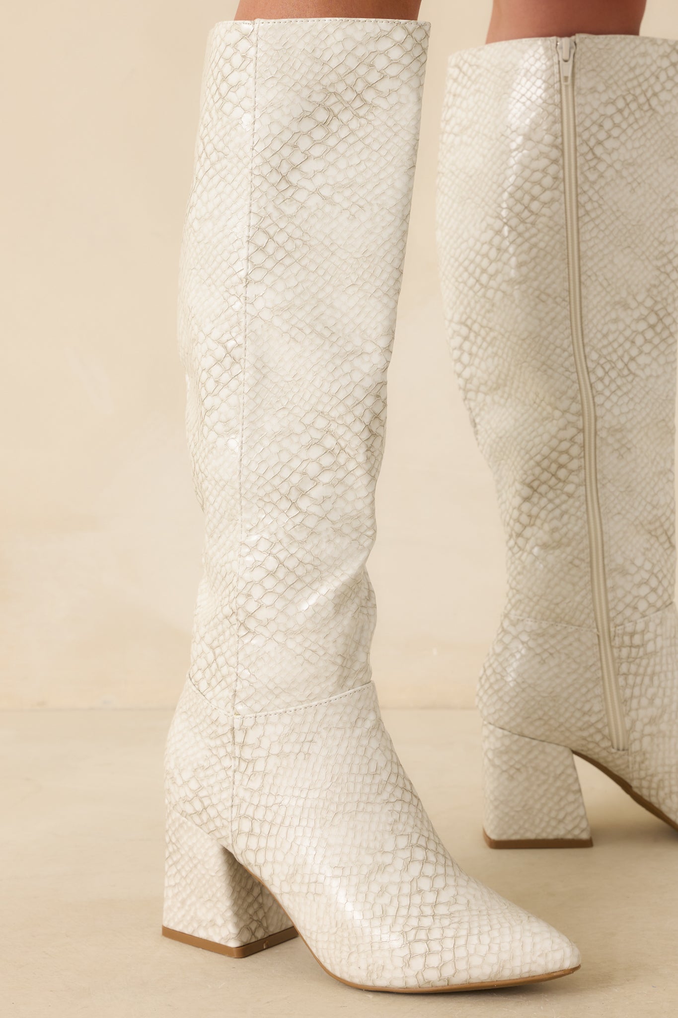 Always A Step Ahead Ivory Faux Snakeskin Knee High Boots