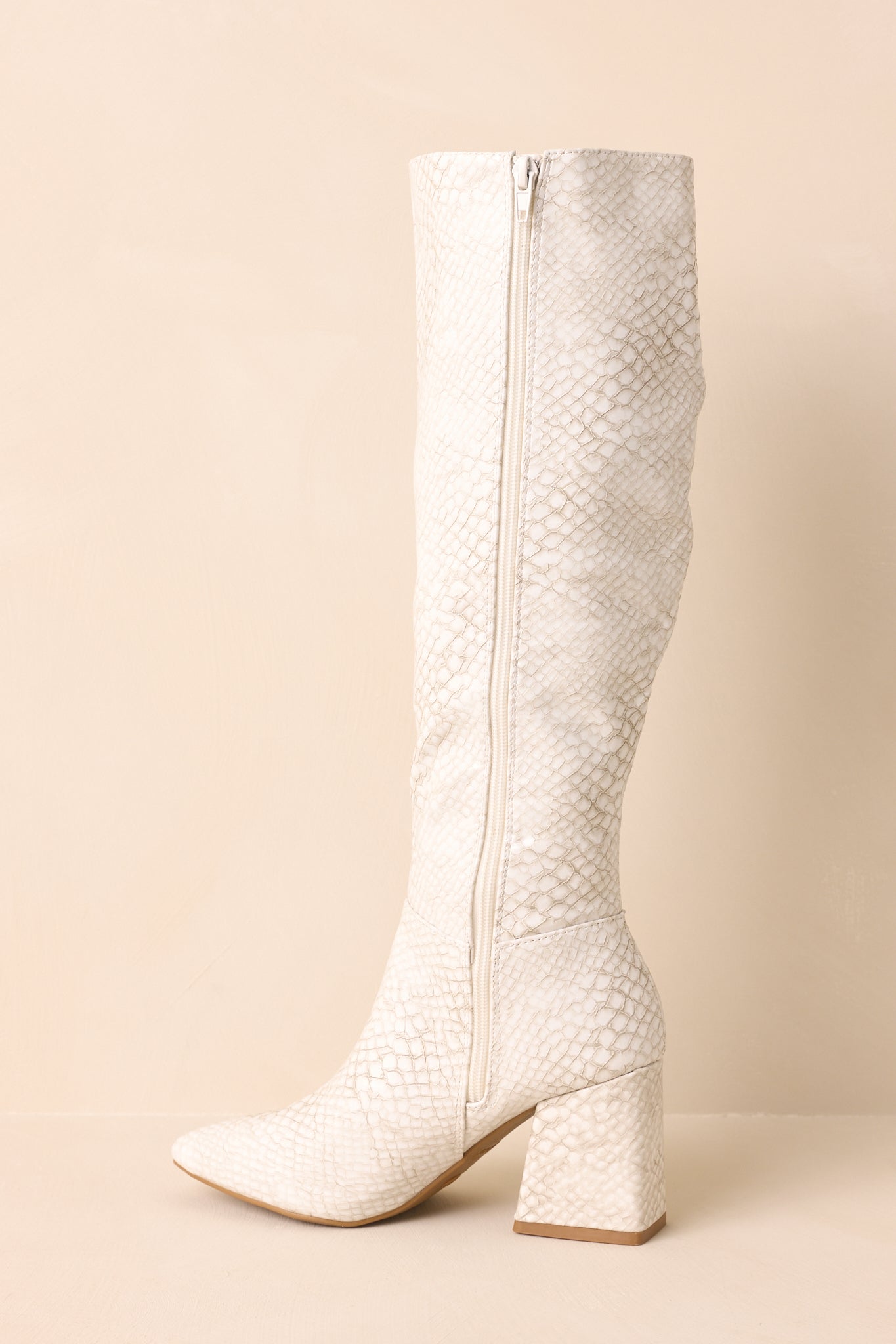 Always A Step Ahead Ivory Faux Snakeskin Knee High Boots