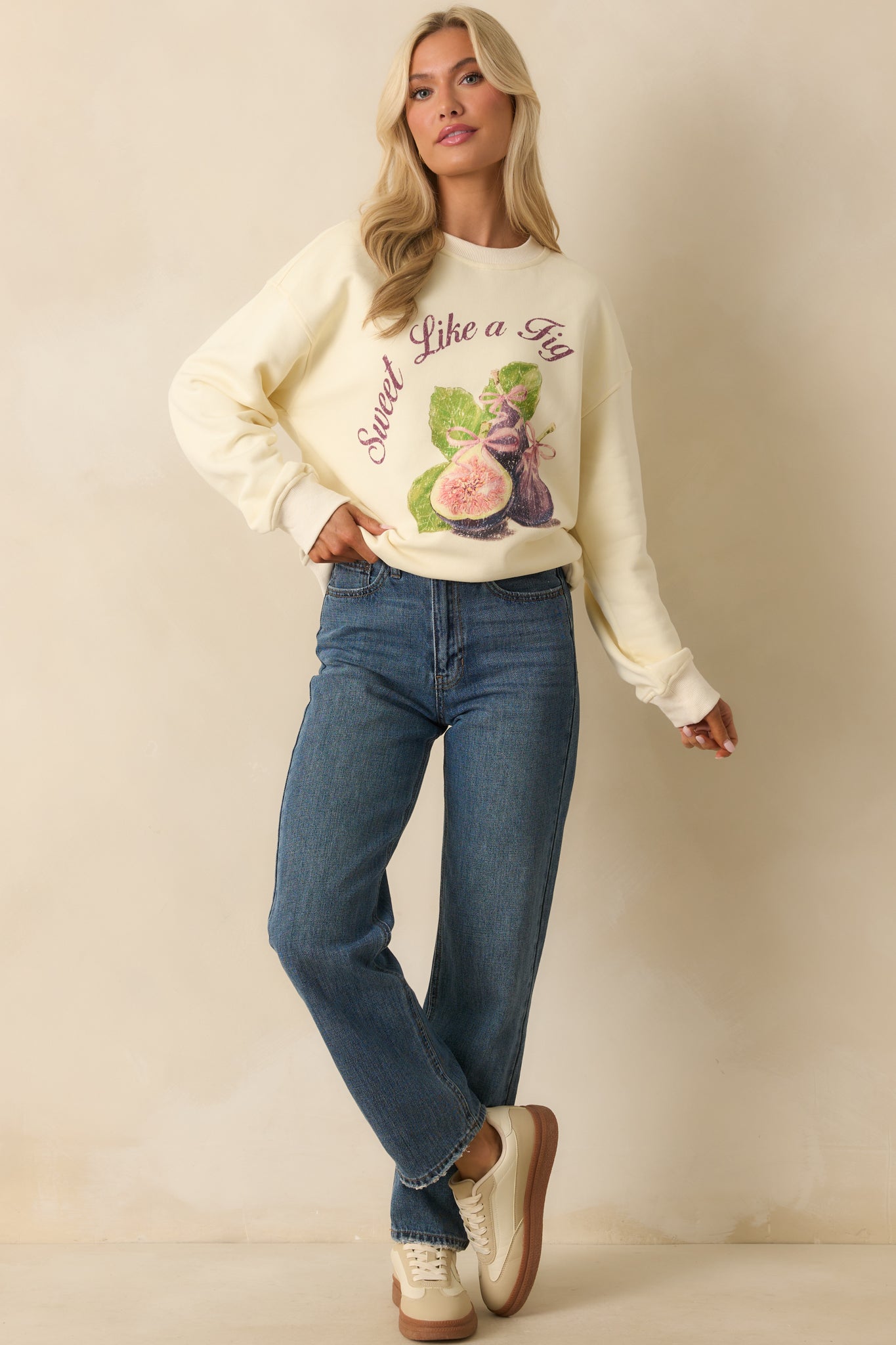 Sweet Like A Fig Ivory Cotton Graphic Crewneck Sweatshirt