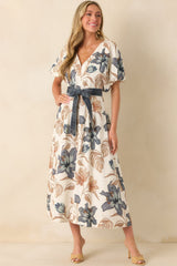 Aylaya Ivory Multi Floral Print Linen Blend Sorrento Maxi Dress