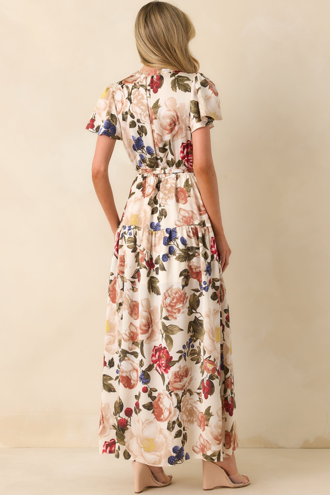 Staying True Ivory Multi Floral Print Satin Maxi Dress