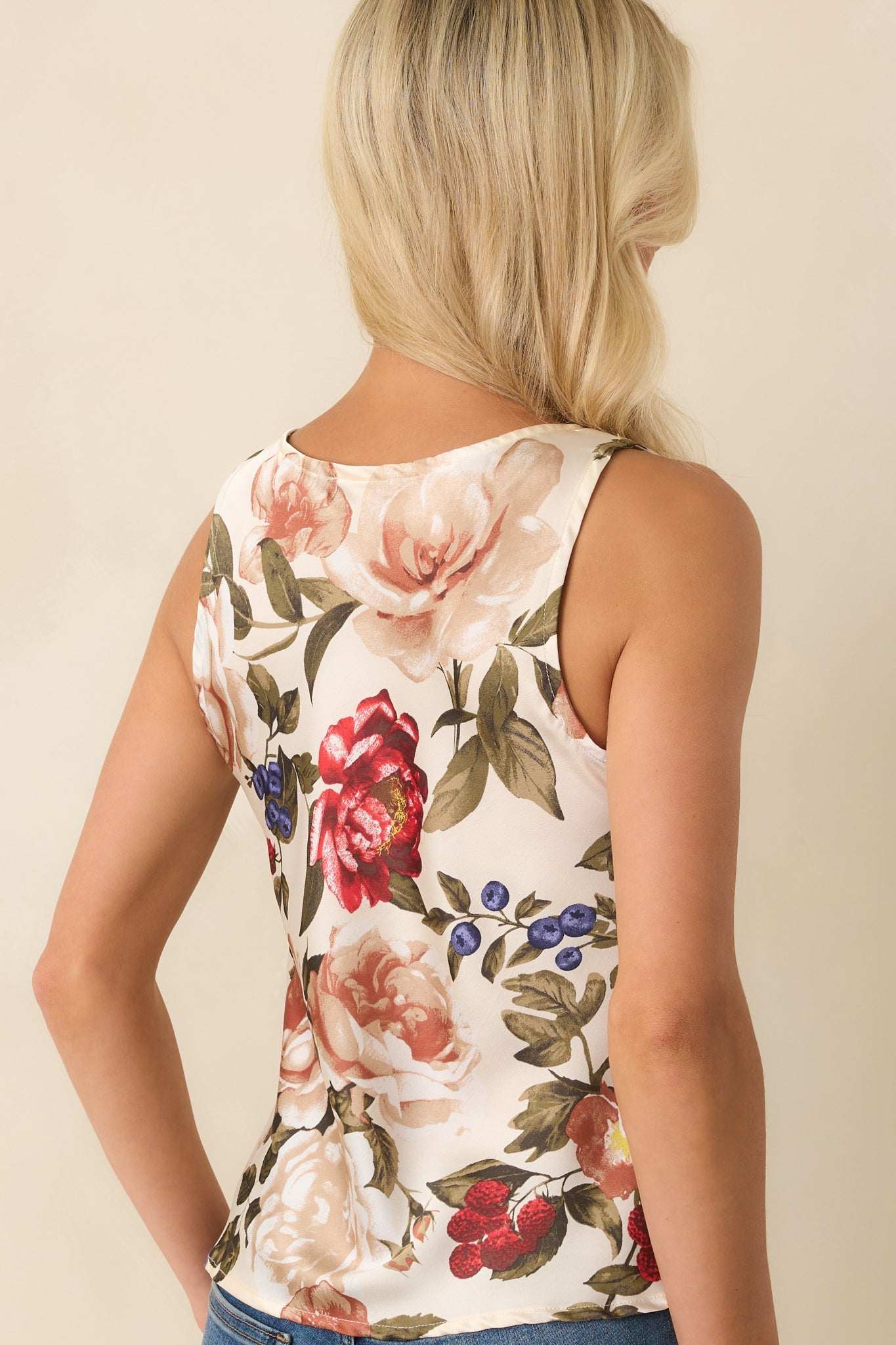 Something Extra Ivory Floral Multi Print Satin Cinched Top