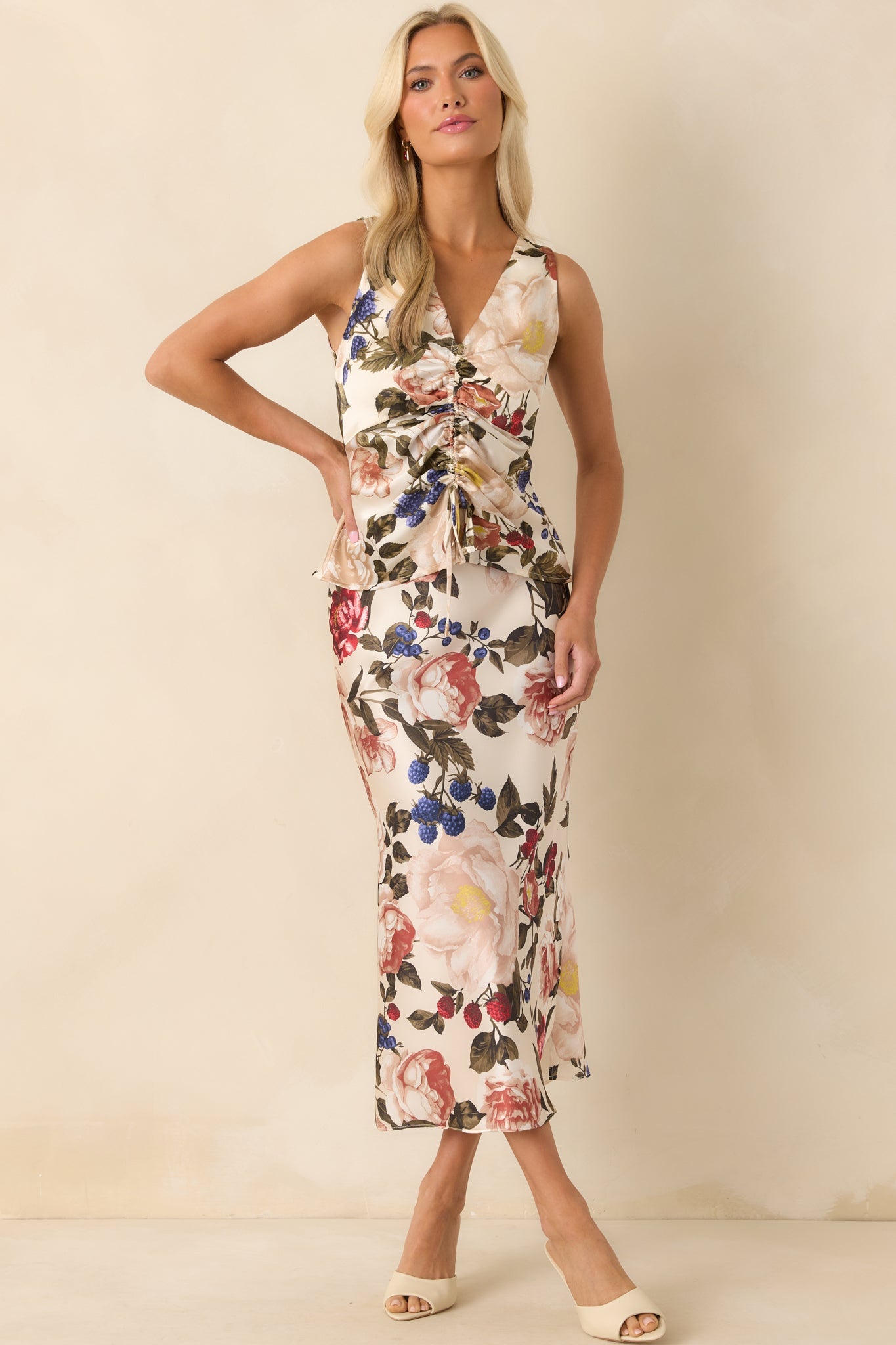 Something Extra Ivory Floral Multi Print Satin Cinched Top