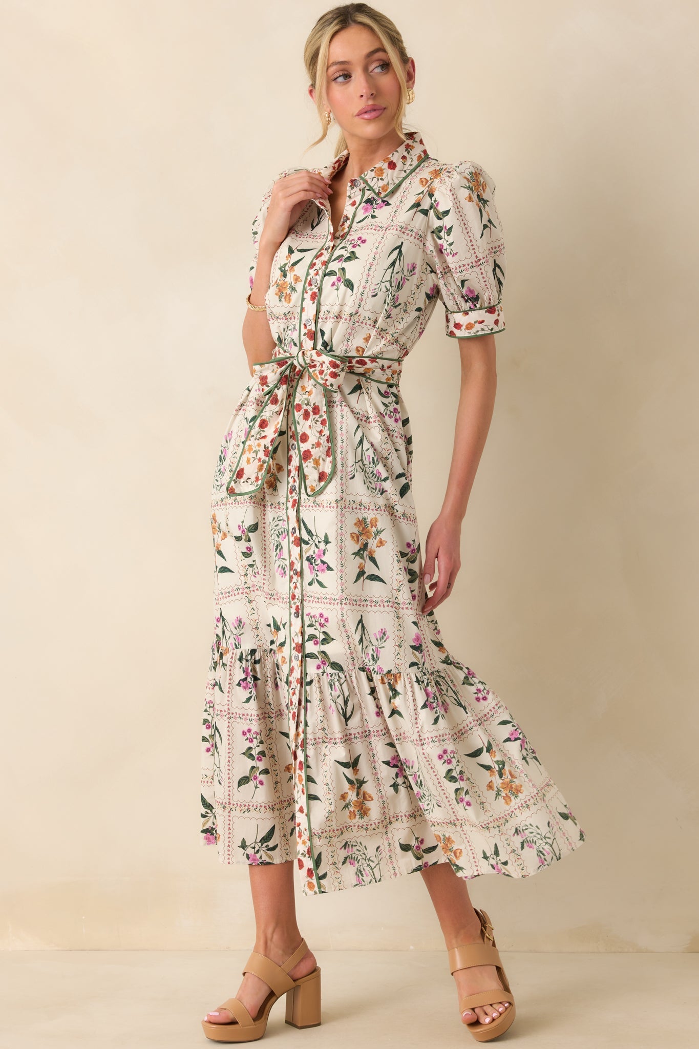 Look No Further Ivory Multi Floral Print Cotton Maxi Shirt Dress