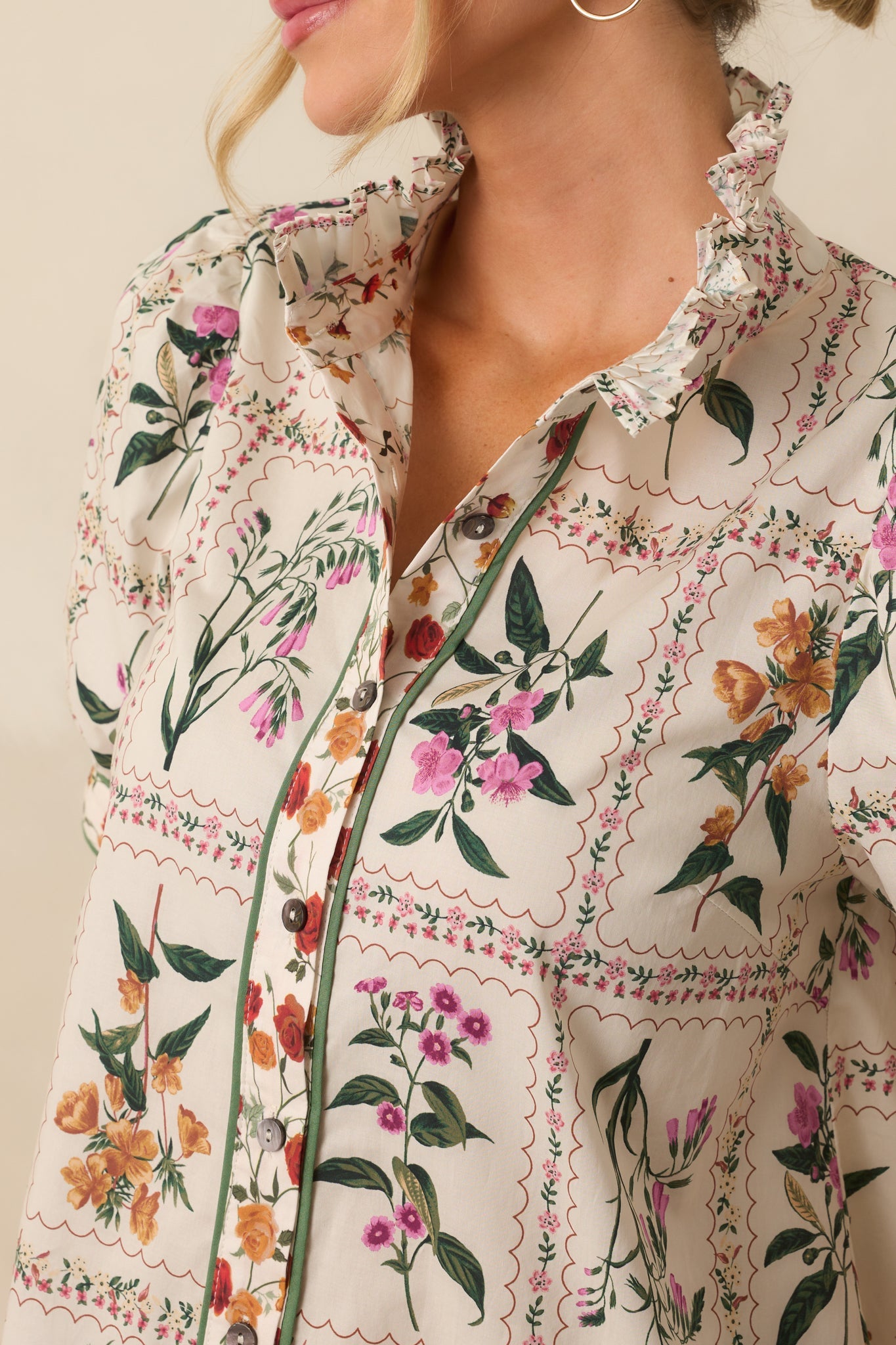 Full Of Light Ivory Multi Floral Print Cotton Button Up Top