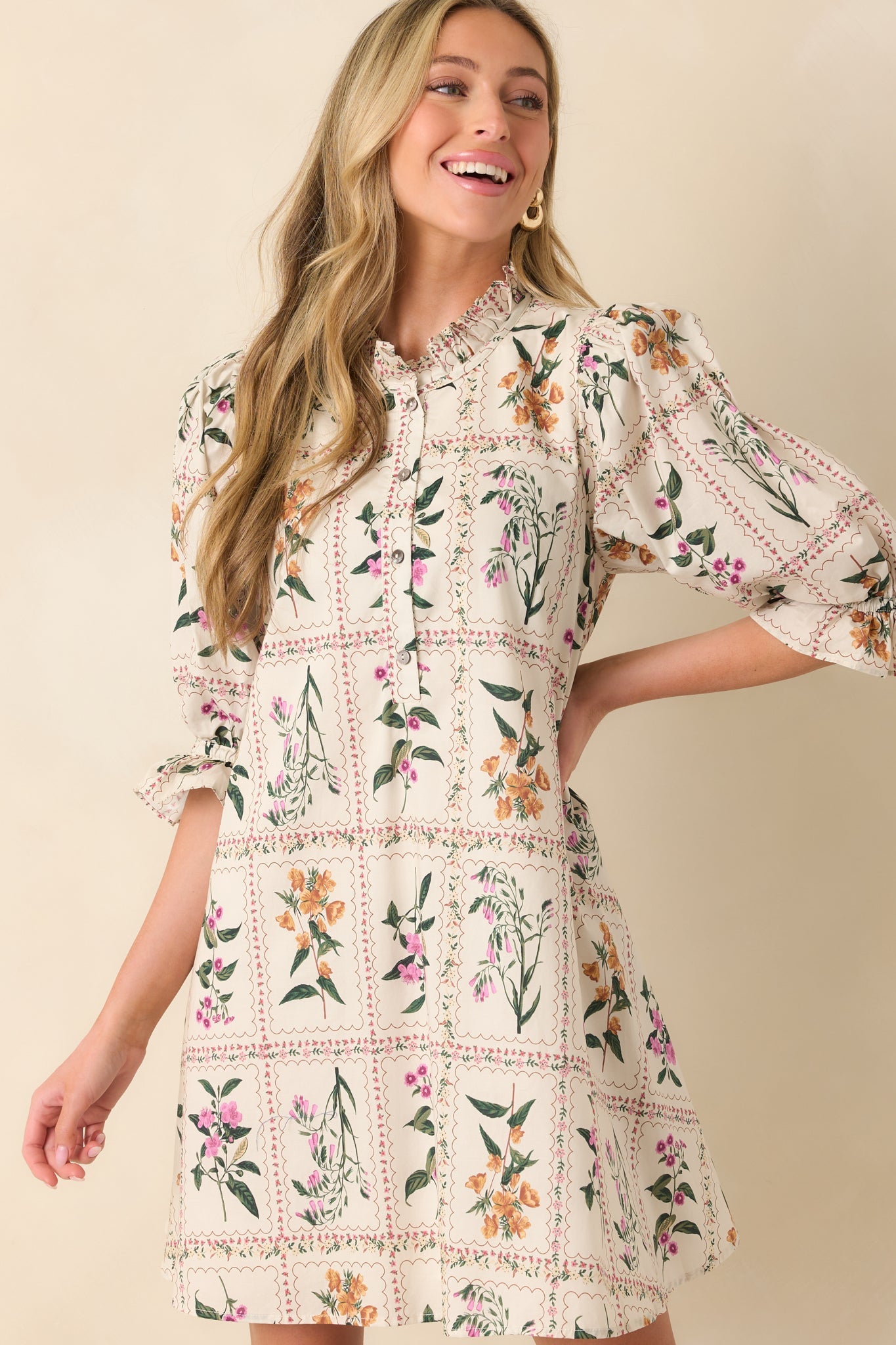 Do It Just For You Ivory Multi Floral Print Cotton Mini Dress