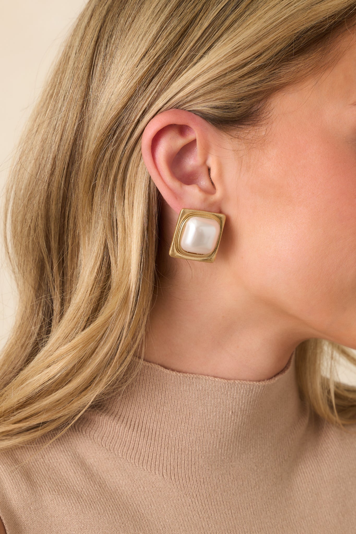 A Little Obsessed Ivory Pearl Gold Square Frame Stud Earrings