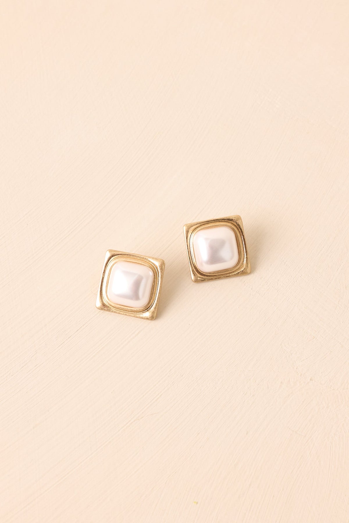A Little Obsessed Ivory Pearl Gold Square Frame Stud Earrings