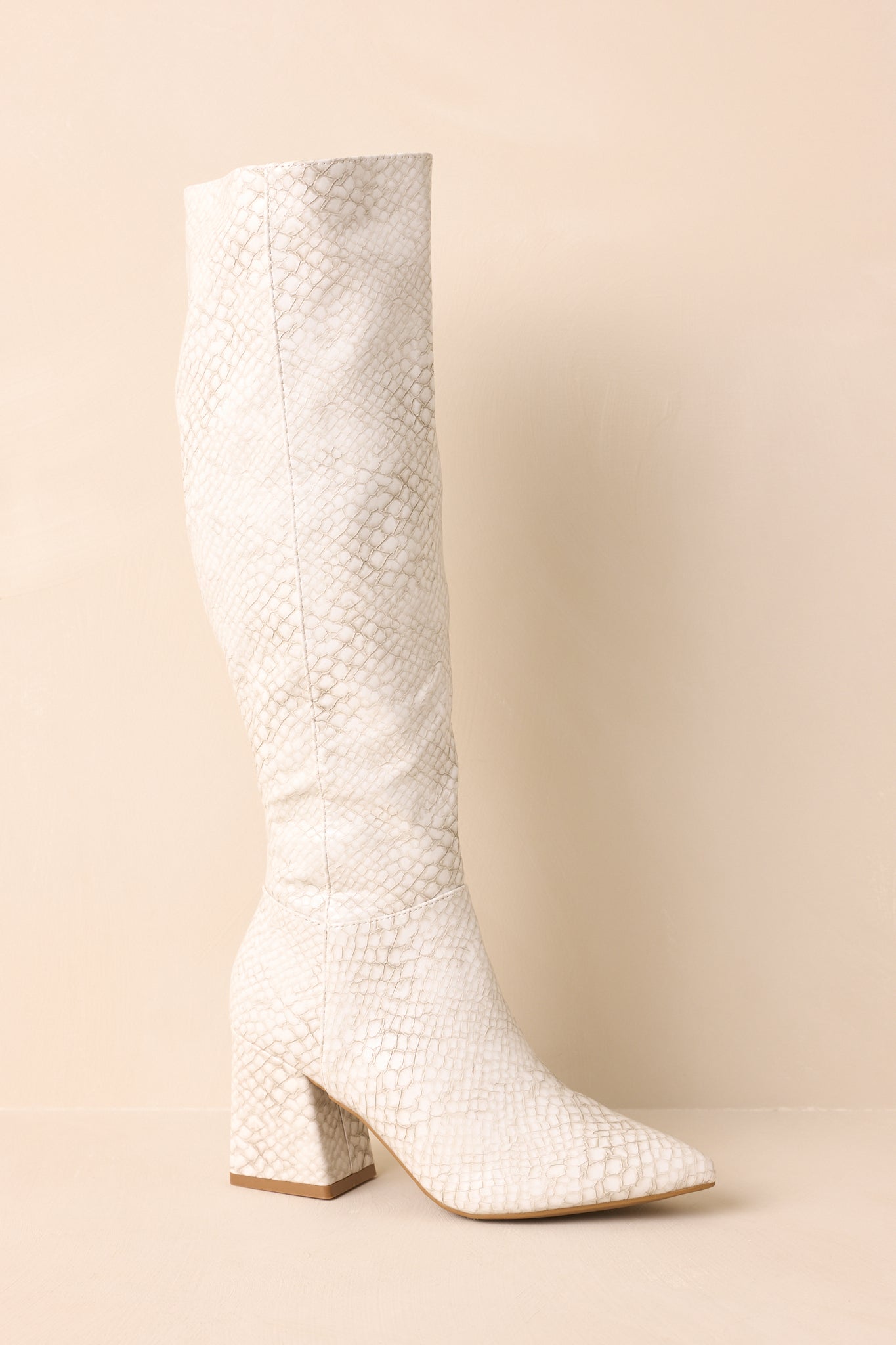 Always A Step Ahead Ivory Faux Snakeskin Knee High Boots