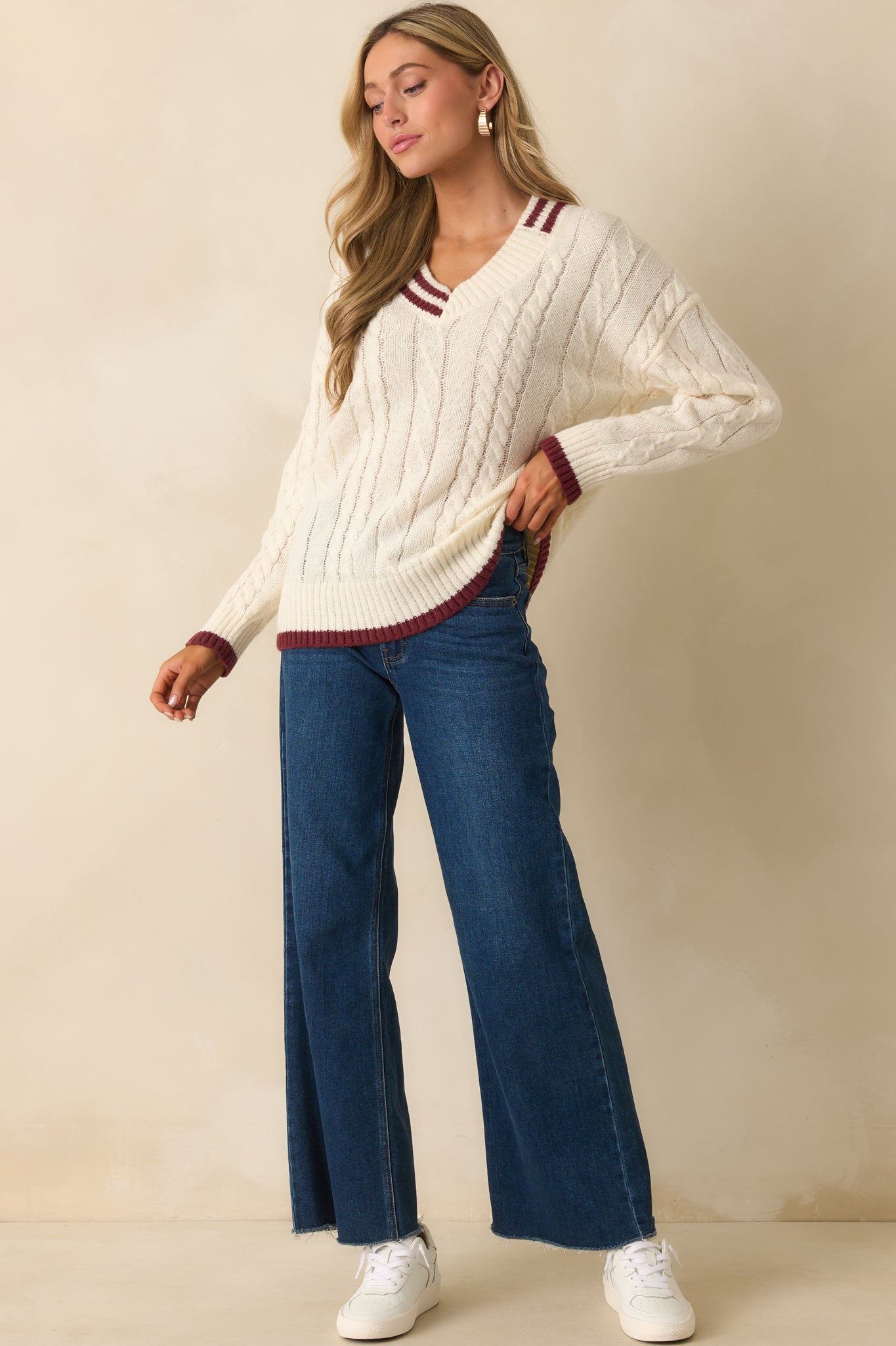 Count On Me Ivory Contrast Trim V-Neck Cable Knit Sweater