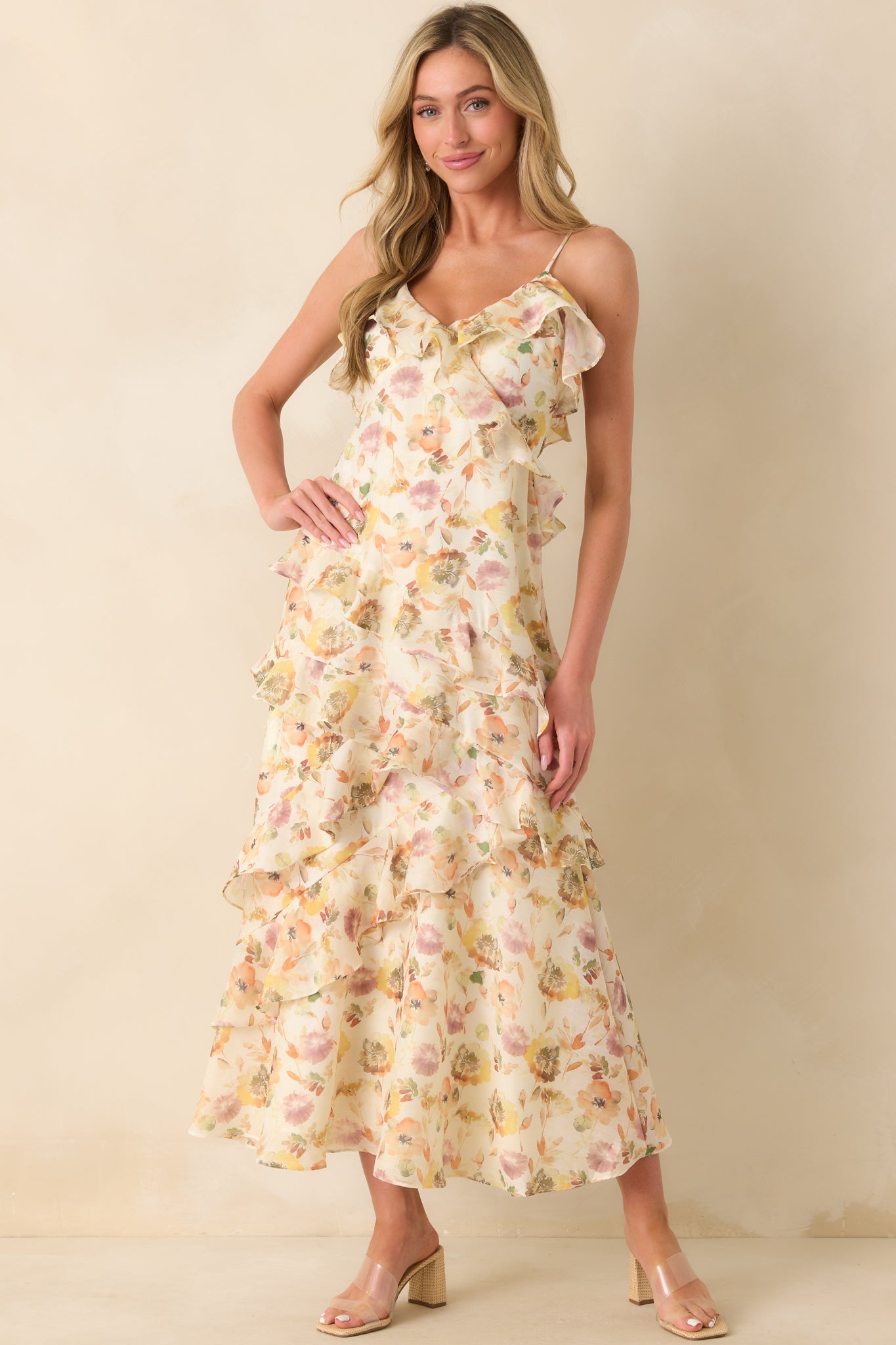 Left Me Speechless Ivory Multi Floral Print Ruffle Maxi Dress