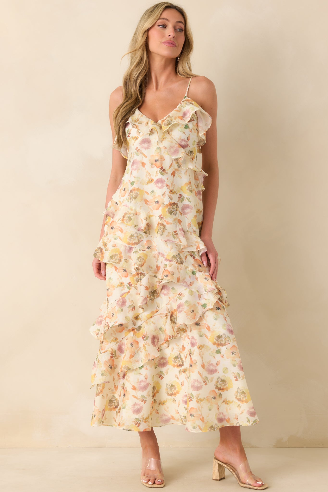Left Me Speechless Ivory Multi Floral Print Ruffle Maxi Dress