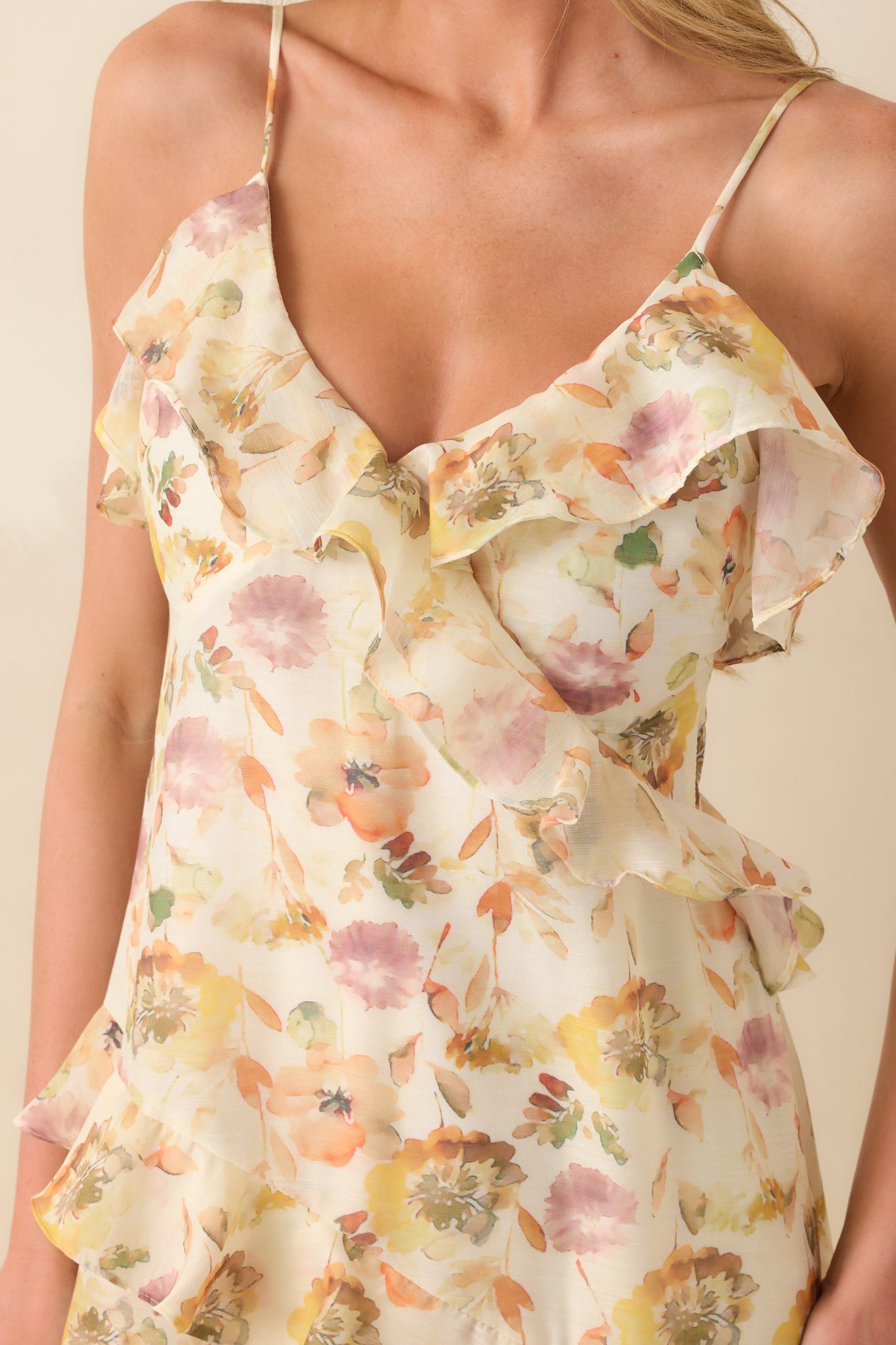 Left Me Speechless Ivory Multi Floral Print Ruffle Maxi Dress