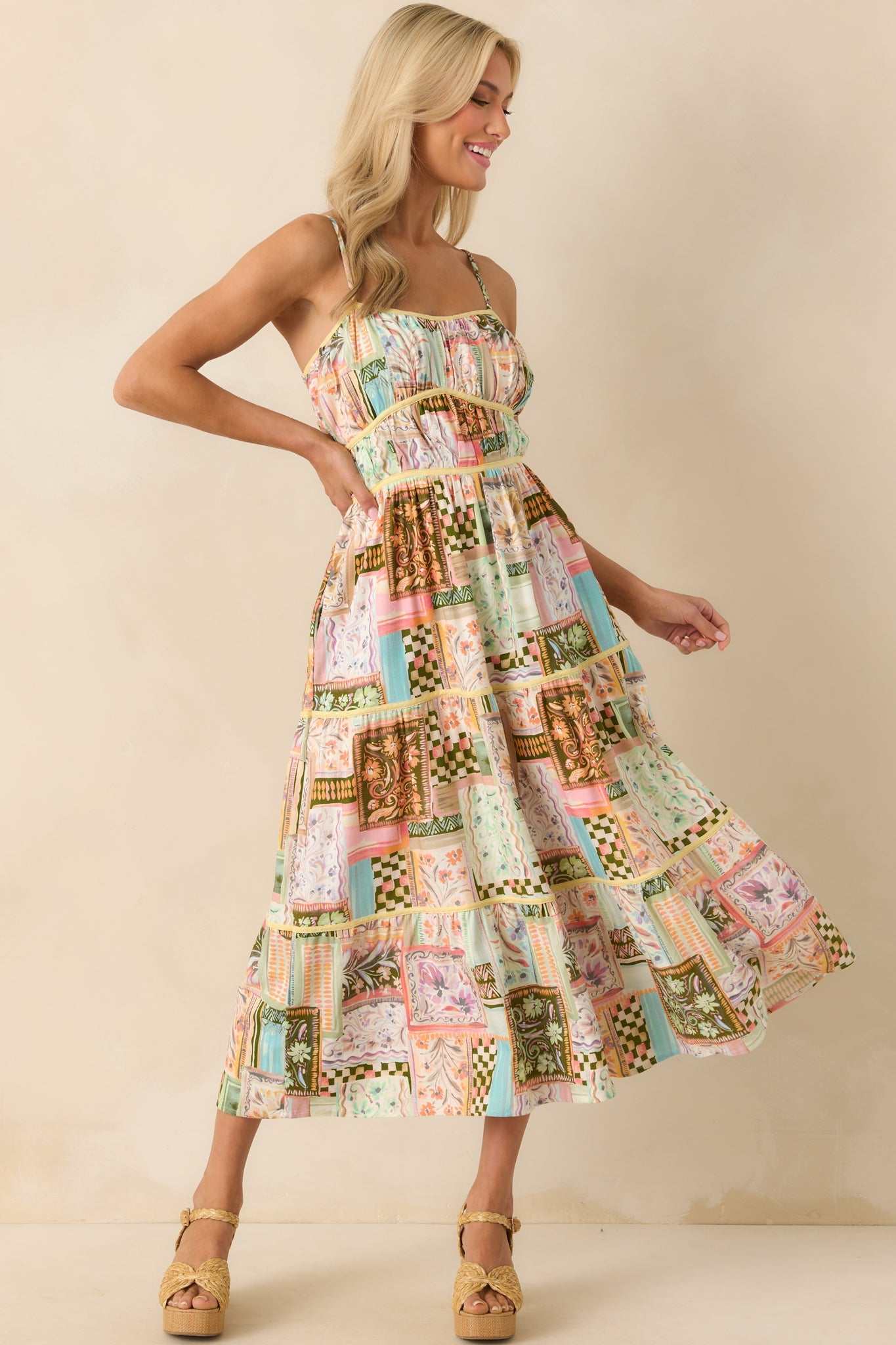 Had To Have It Light Green Multi Patchwork Linen Blend Maxi Dress