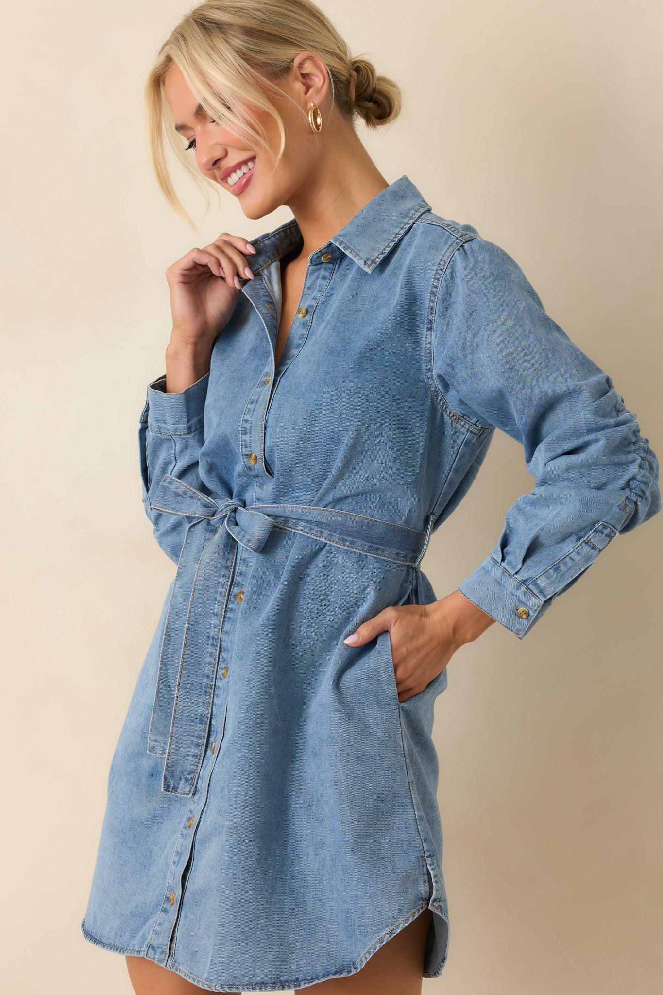 Count Me In Light Wash Cotton Denim Long Sleeve Mini Dress
