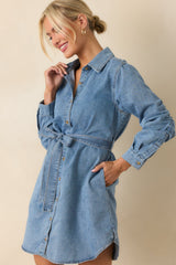 Count Me In Light Wash Cotton Denim Long Sleeve Mini Dress
