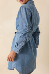 Count Me In Light Wash Cotton Denim Long Sleeve Mini Dress