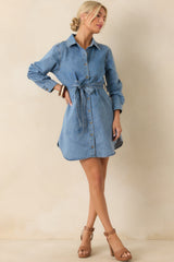 Count Me In Light Wash Cotton Denim Long Sleeve Mini Dress
