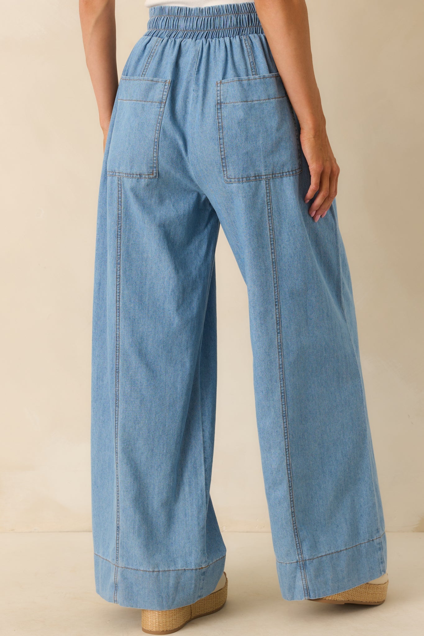 Perfectly Unplanned Light Wash Cotton Chambray Wide Leg Pants
