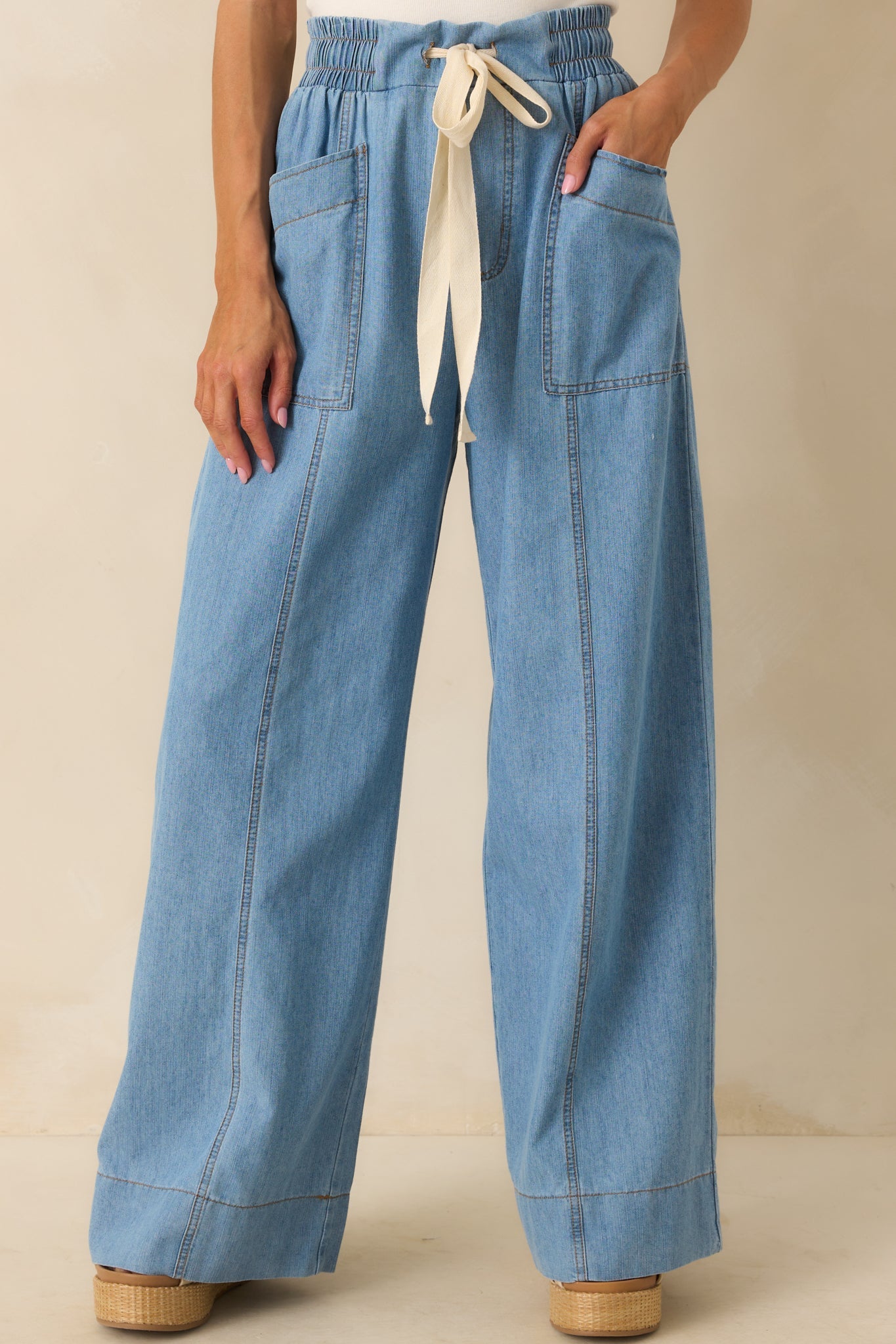 Perfectly Unplanned Light Wash Cotton Chambray Wide Leg Pants