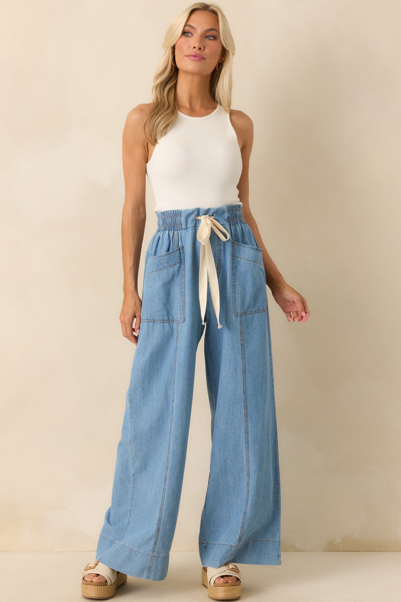 Perfectly Unplanned Light Wash Cotton Chambray Wide Leg Pants