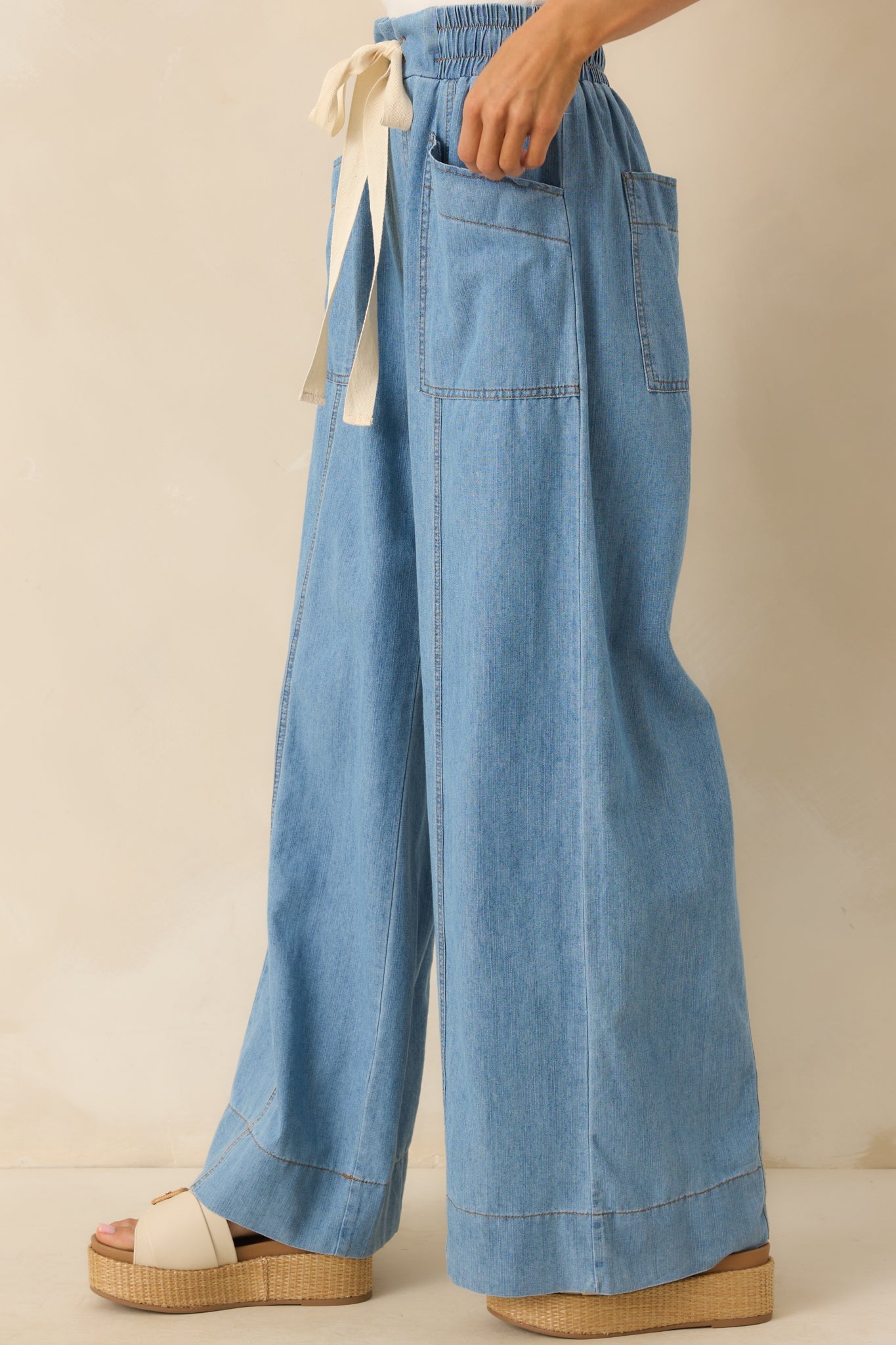 Perfectly Unplanned Light Wash Cotton Chambray Wide Leg Pants