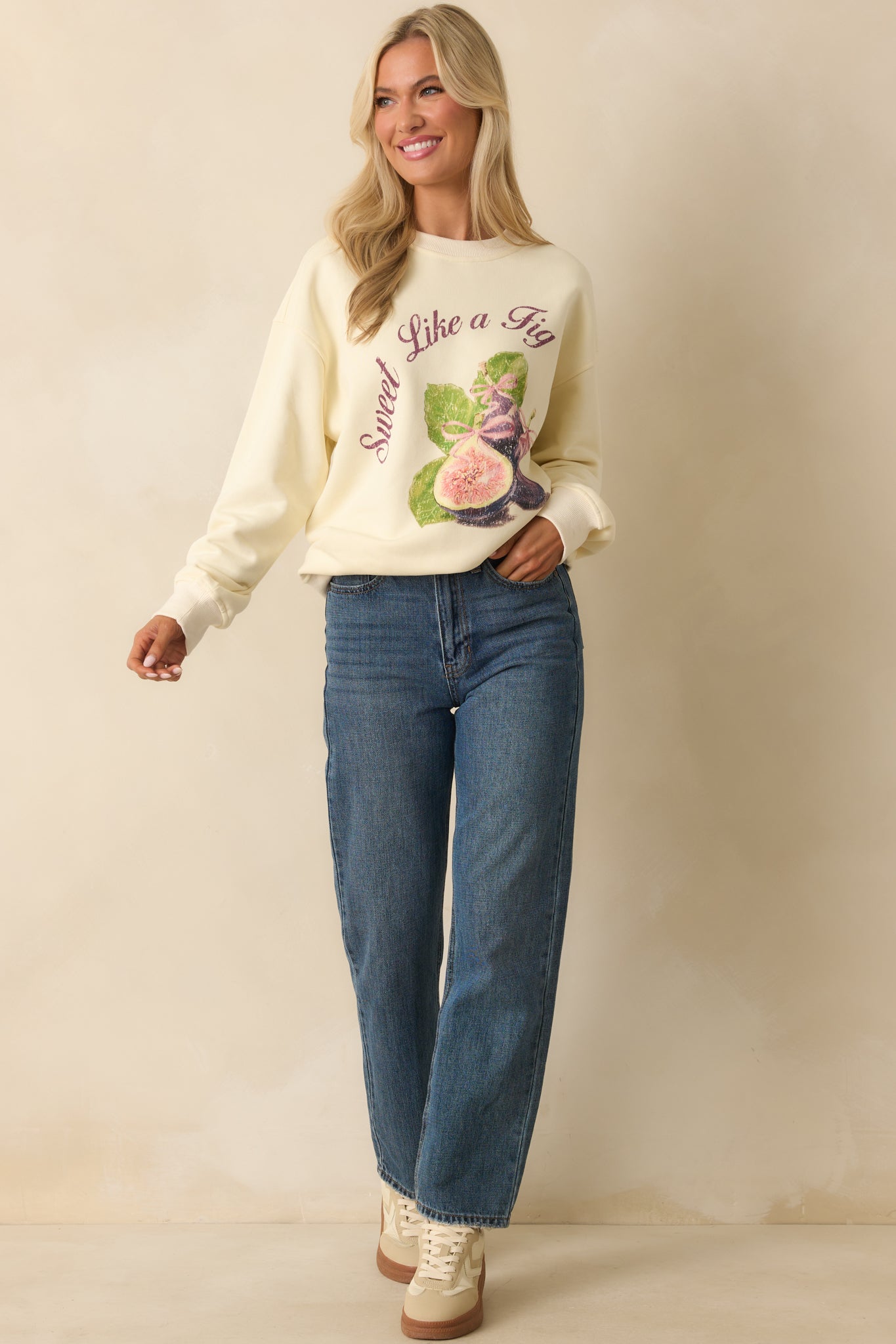 Sweet Like A Fig Ivory Cotton Graphic Crewneck Sweatshirt