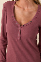 Everyday Envy Plum Purple Ribbed Cotton Long Sleeve Henley Tee