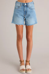Said In Stride Medium Wash High Waisted Cotton Denim Shorts