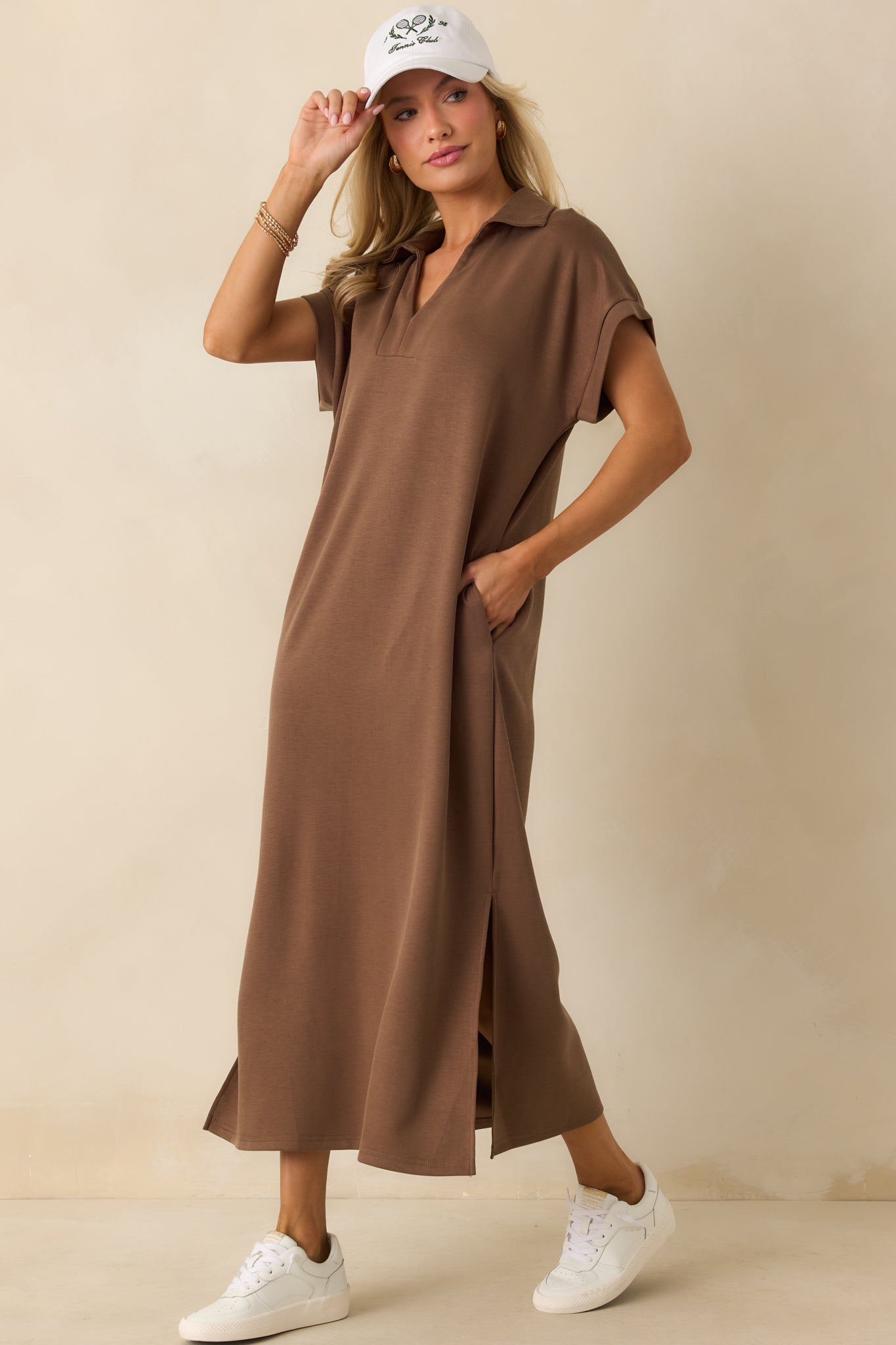 Made The Right Call Mocha Brown Collared Midi T-Shirt Dress