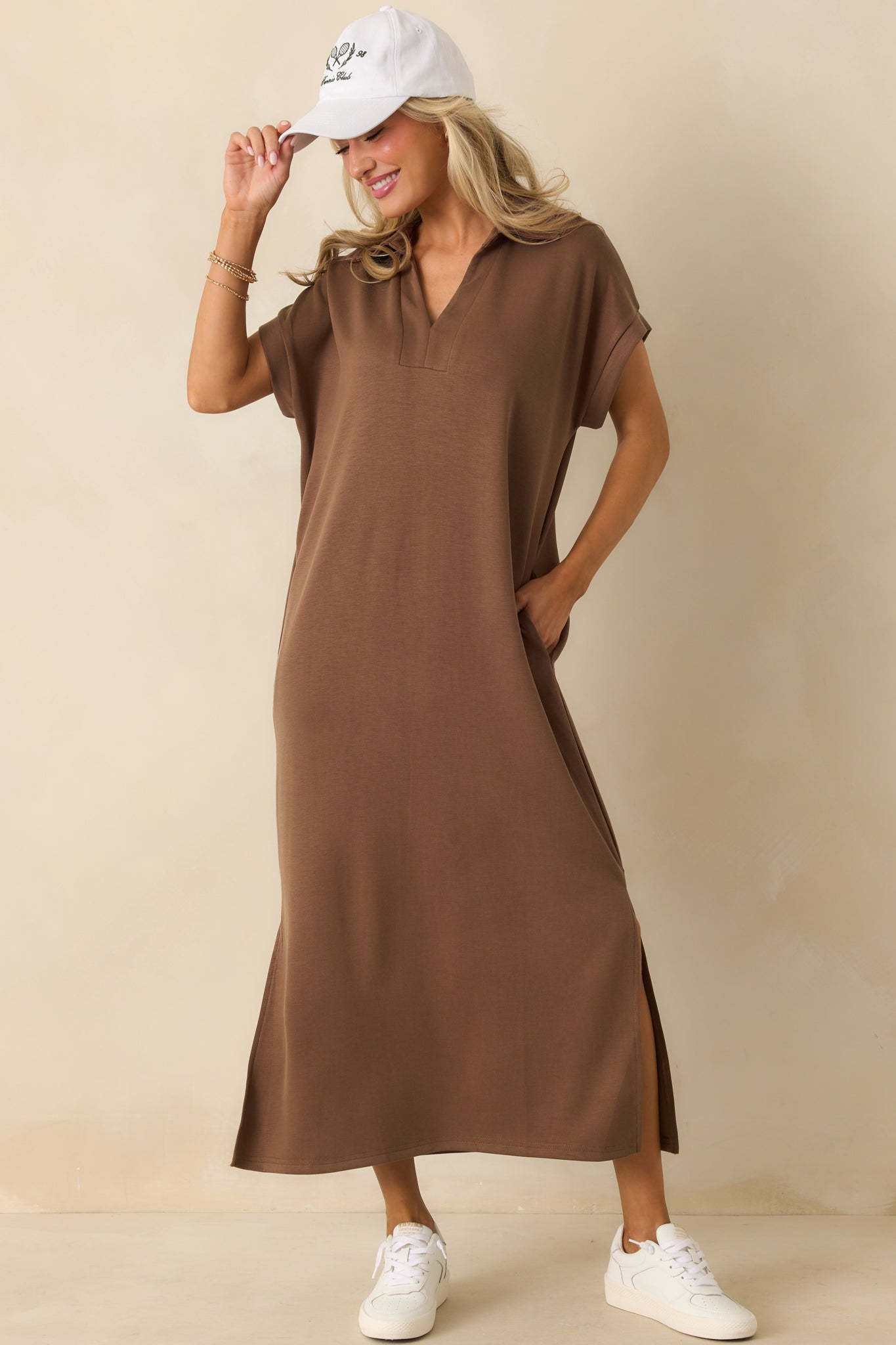 Made The Right Call Mocha Brown Collared Midi T-Shirt Dress