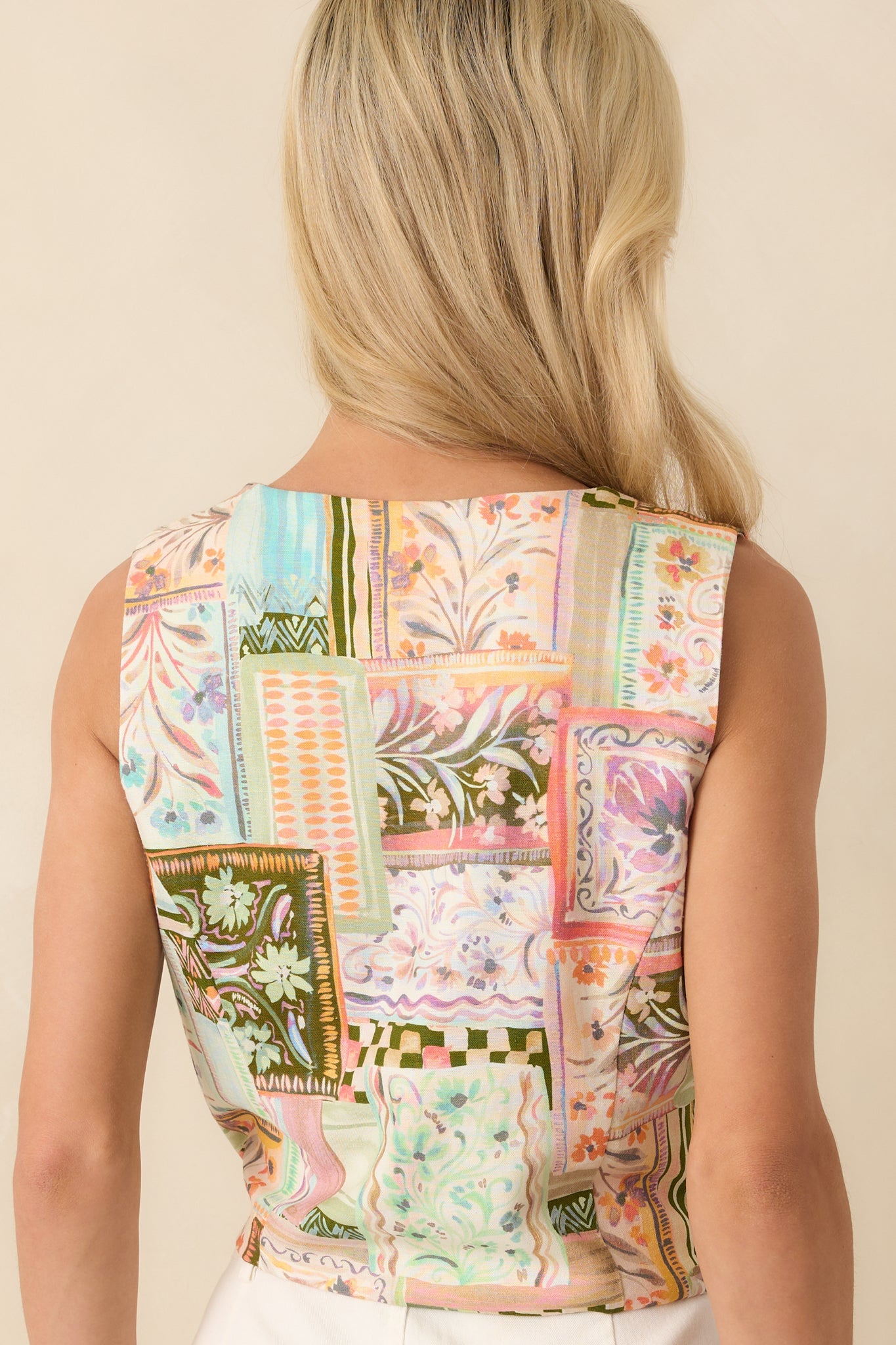 Said It All Light Green Multi Patchwork Linen Blend Vest
