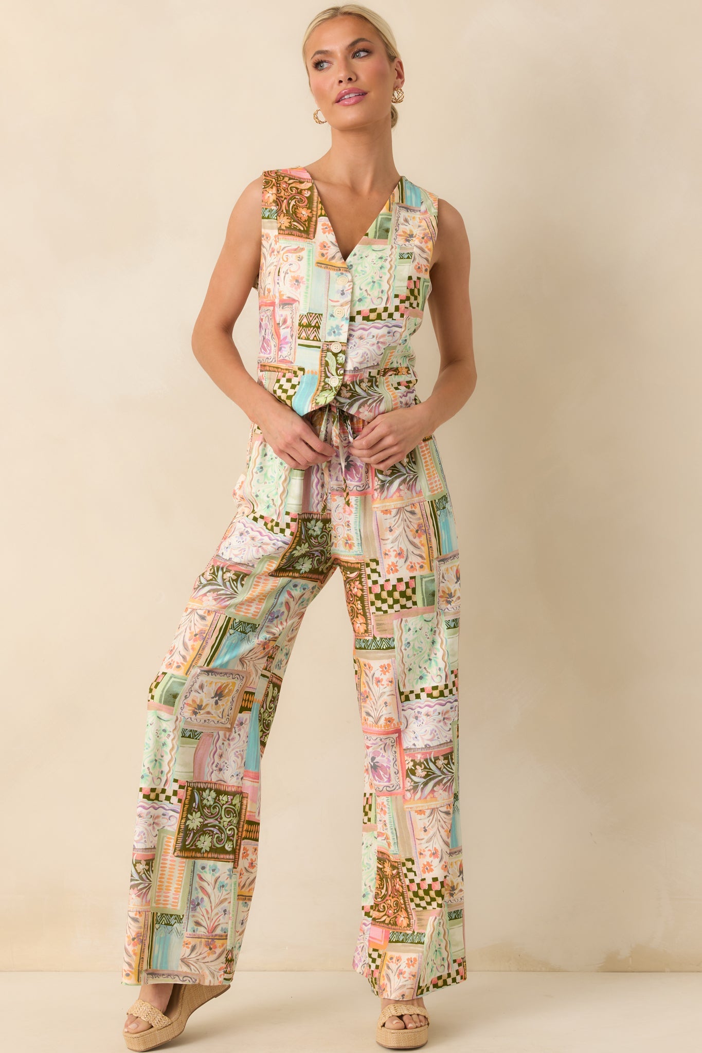 Said It All Light Green Multi Patchwork Linen Blend Vest