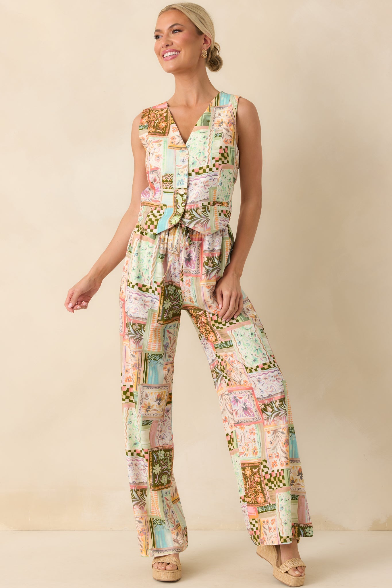 Said It All Light Green Multi Patchwork Linen Blend Vest