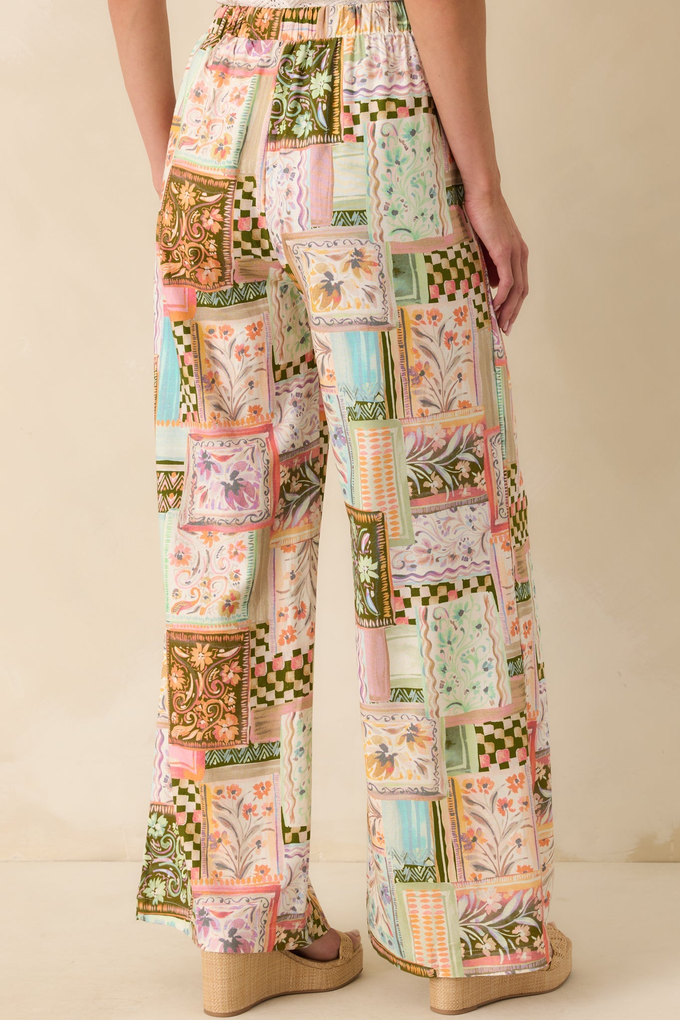 Let The Day Unfold Light Green Multi Patchwork Linen Blend Pants