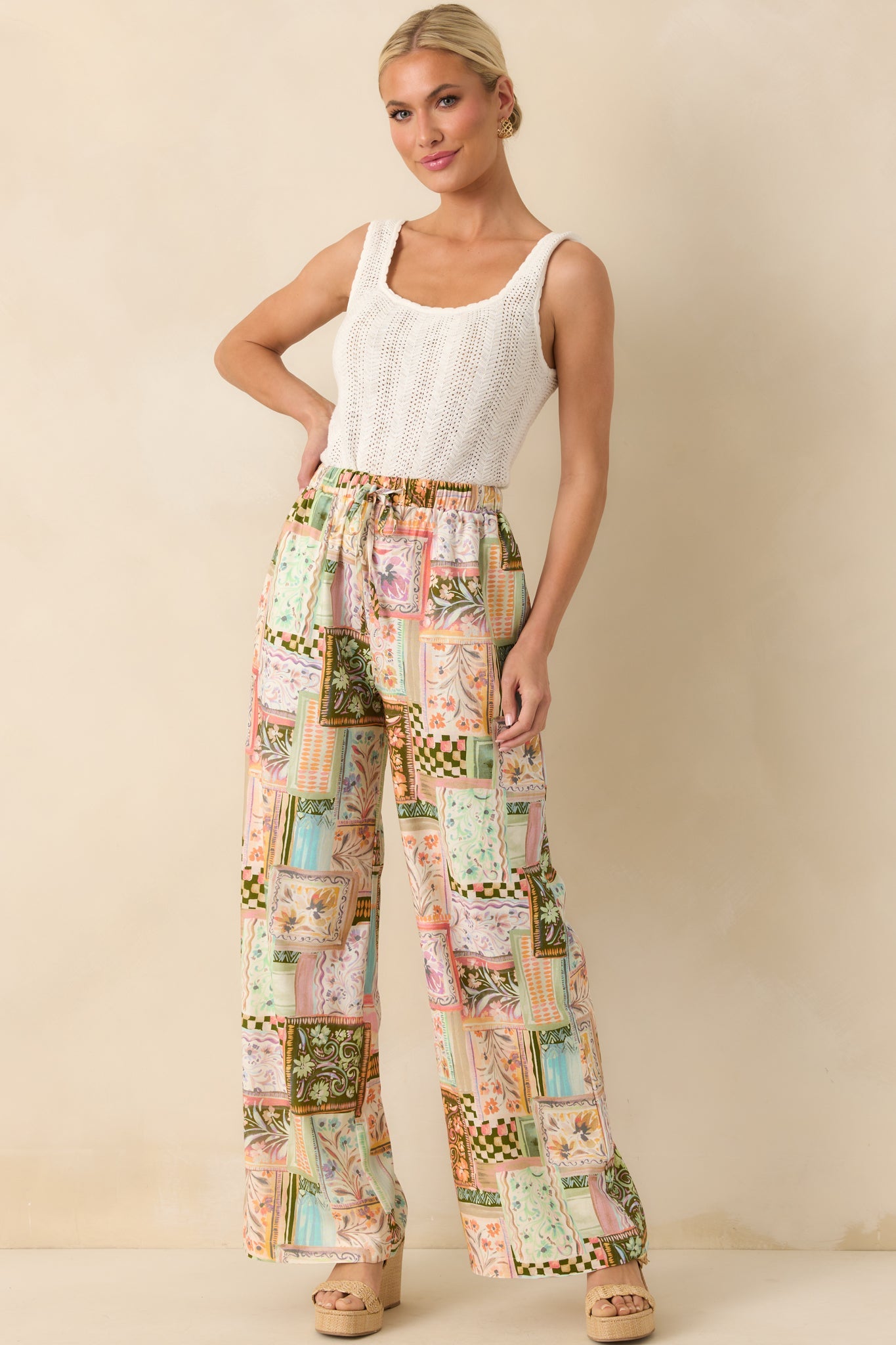 Let The Day Unfold Light Green Multi Patchwork Linen Blend Pants