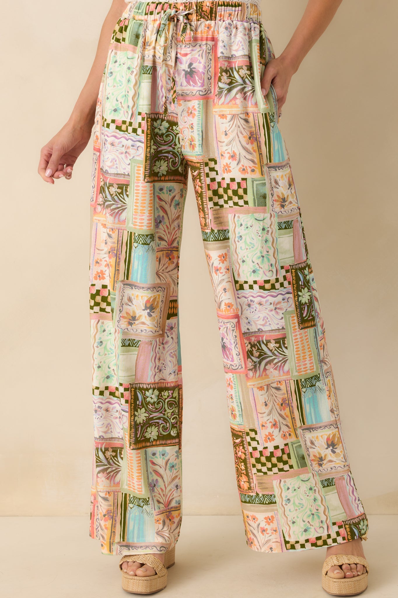 Let The Day Unfold Light Green Multi Patchwork Linen Blend Pants
