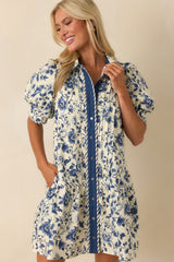 As It Happens Navy Floral Print Cotton Puff Sleeve Mini Dress