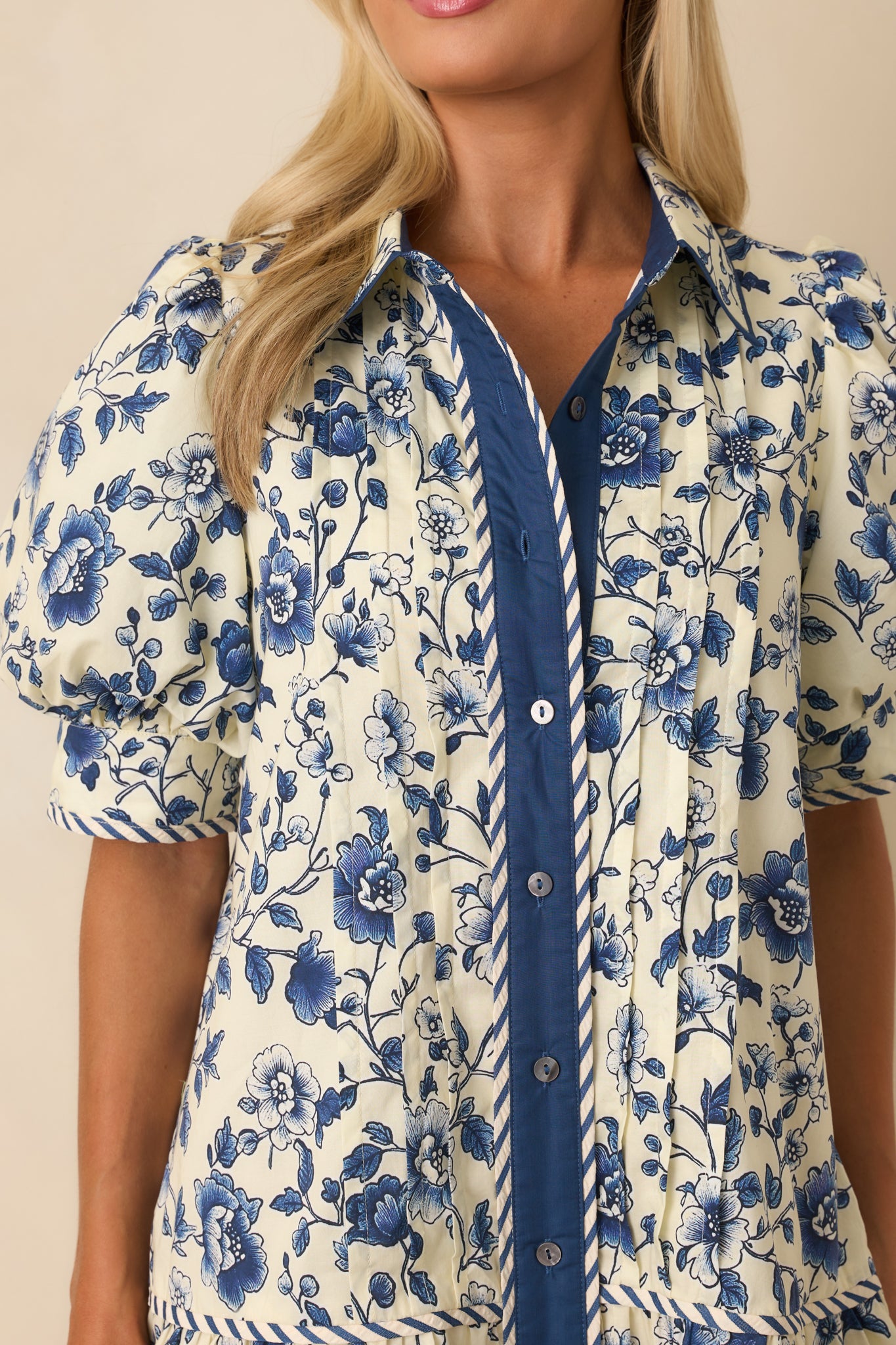 As It Happens Navy Floral Print Cotton Puff Sleeve Mini Dress