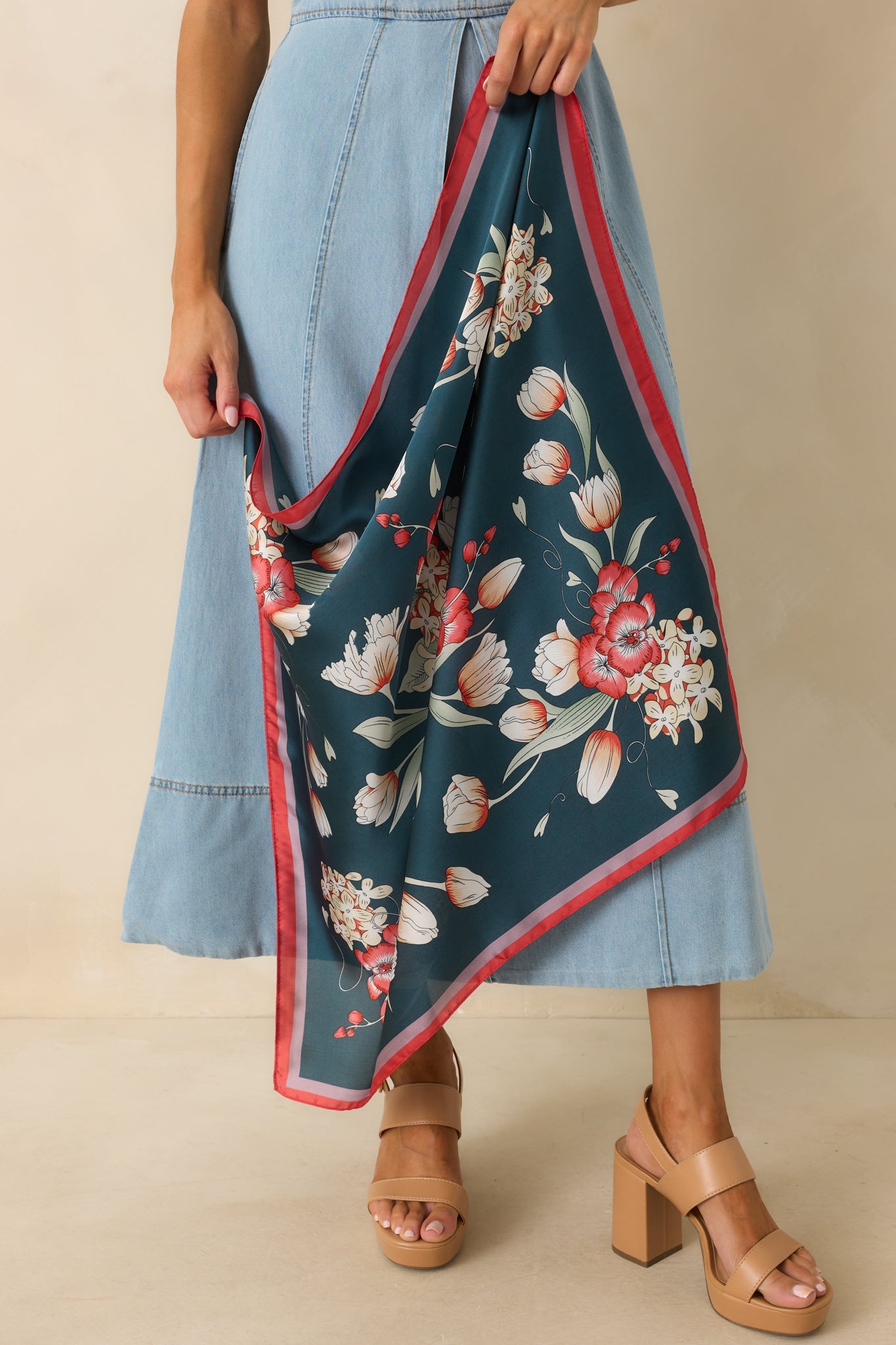 Traditional Living On Navy Multi Floral Print Satin Scarf