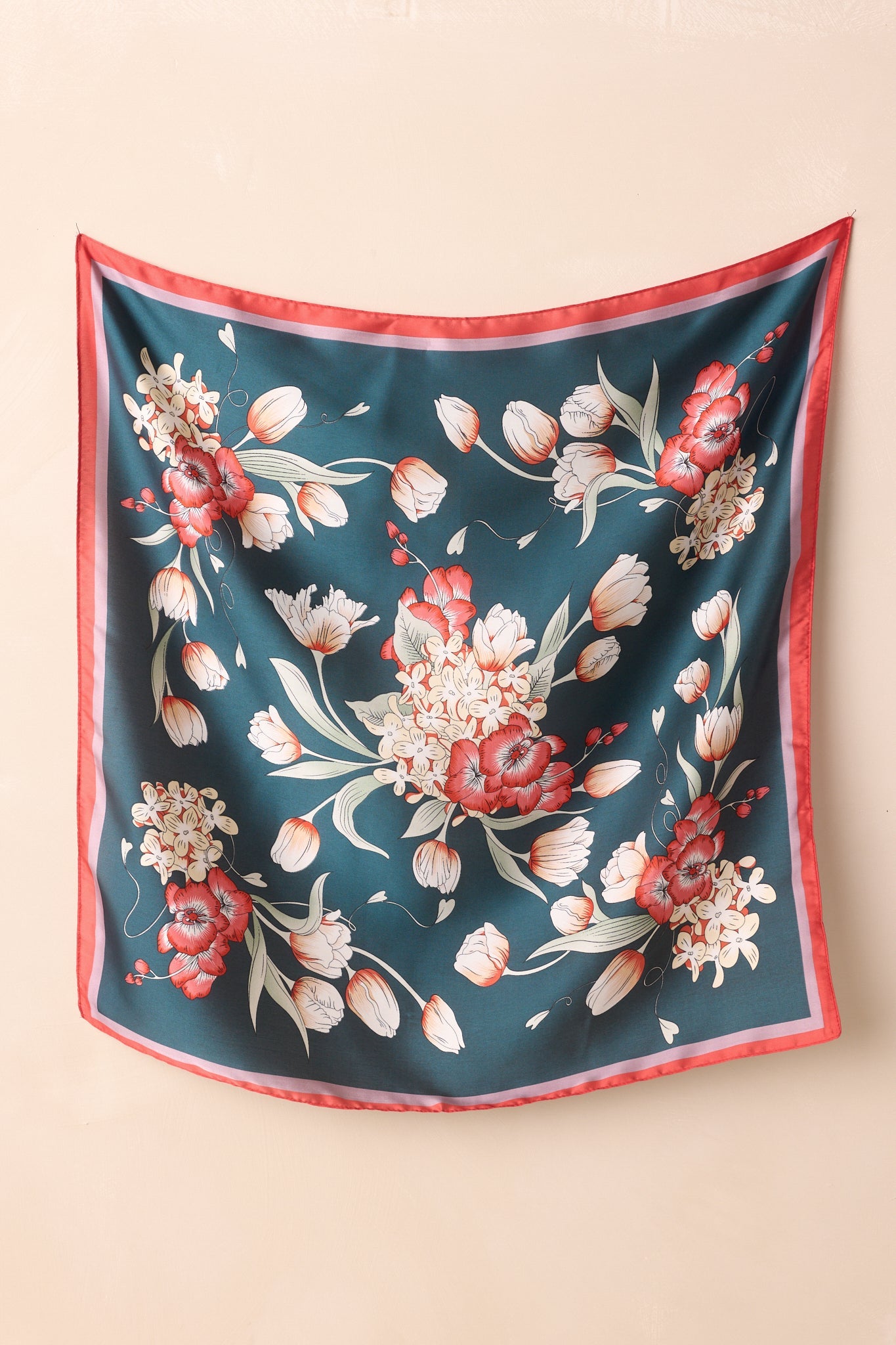 Traditional Living On Navy Multi Floral Print Satin Scarf